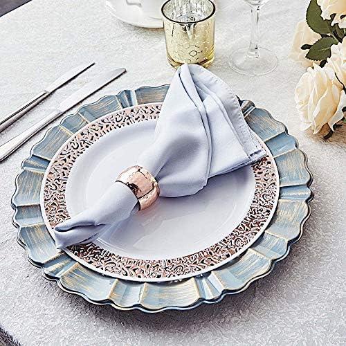 BalsaCircle 6 Dusty Blue Gold 13" Acrylic Wooden Textured Round Scalloped Trim Plastic Charger Plates