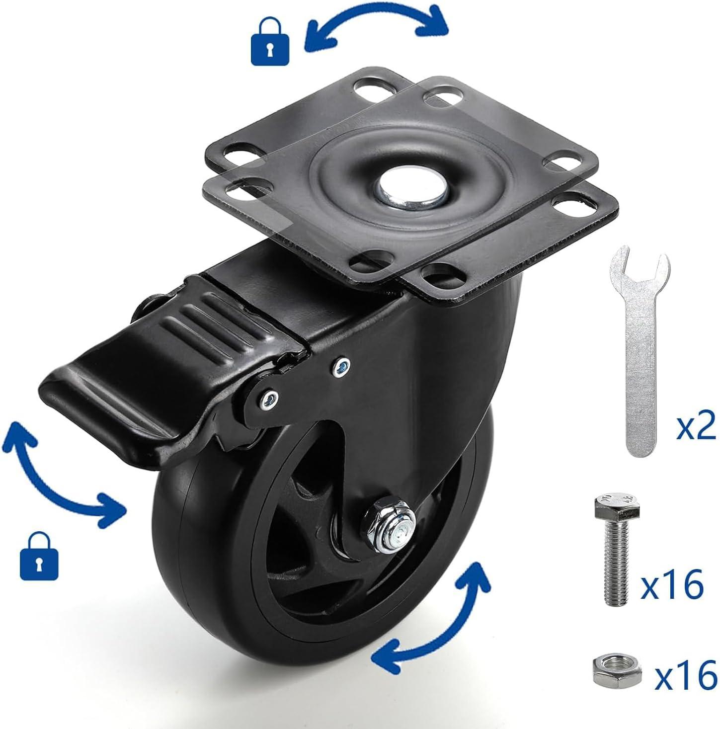 Heavy Duty 4-Inch Black PVC Swivel Caster Wheels with Brakes