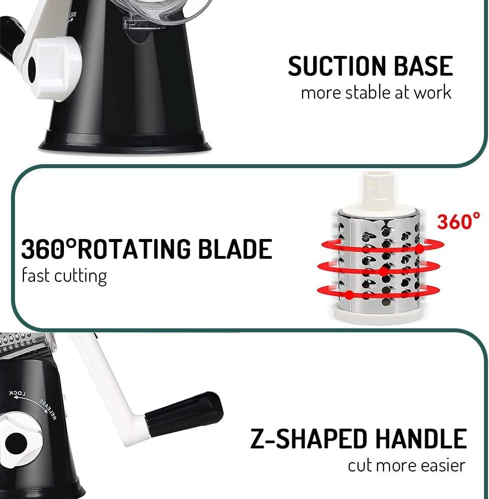 KEOUKE Rotary Cheese Grater with Handle - 3 Changeable Blades for Cheese, Vegetables, Nuts - Black