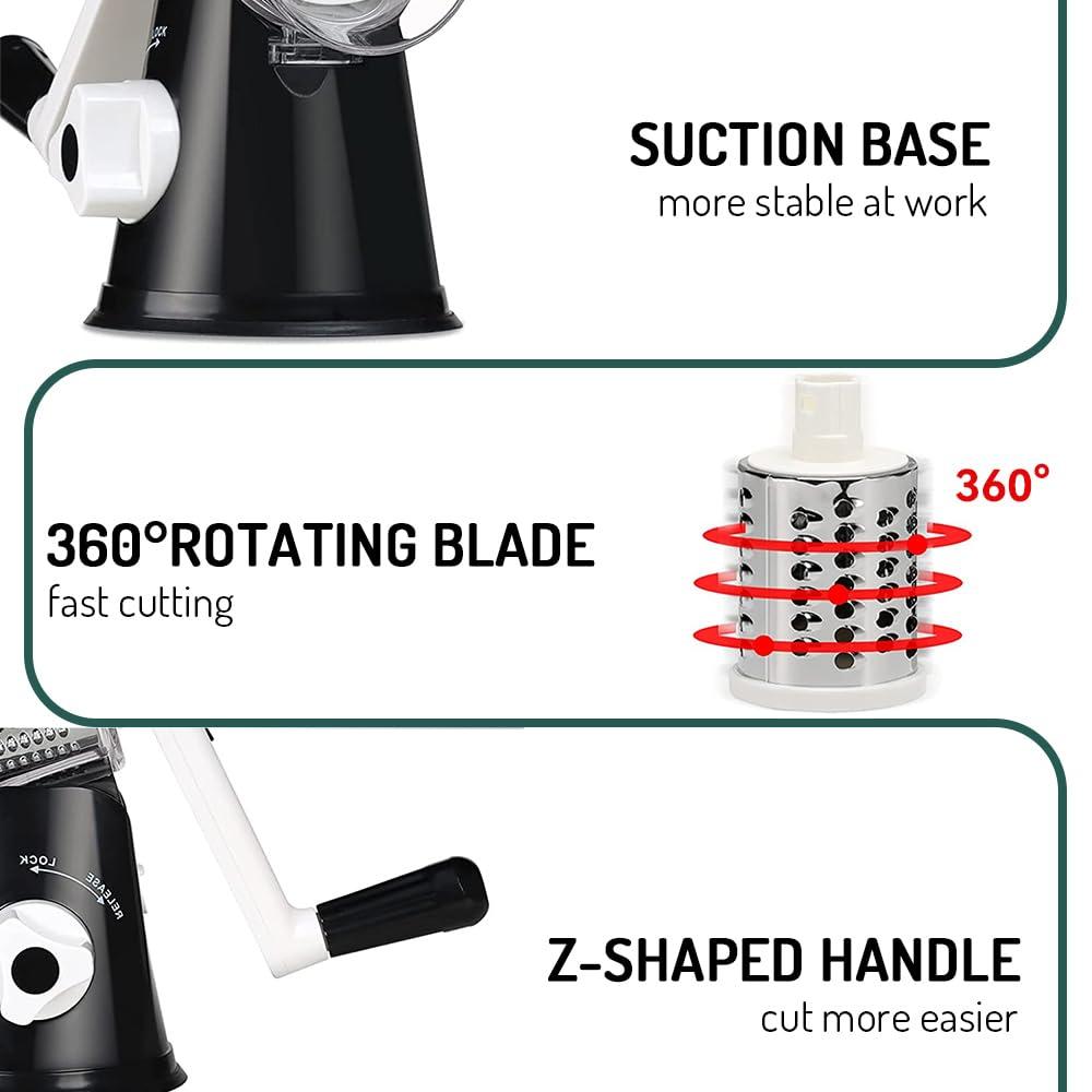KEOUKE Rotary Cheese Grater with Handle - 3 Changeable Blades for Cheese, Vegetables, Nuts - Black