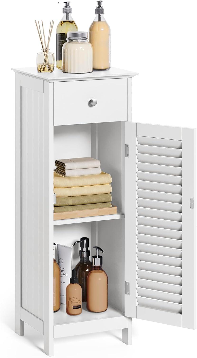 VASAGLE Bathroom Storage Cabinet, Small Slim Bathroom Floor Cabinet with Drawer and Shutter Door, for Living Room, Bedroom, 11.8 x 12.6 x 34.3 Inches, White UBBC43WT