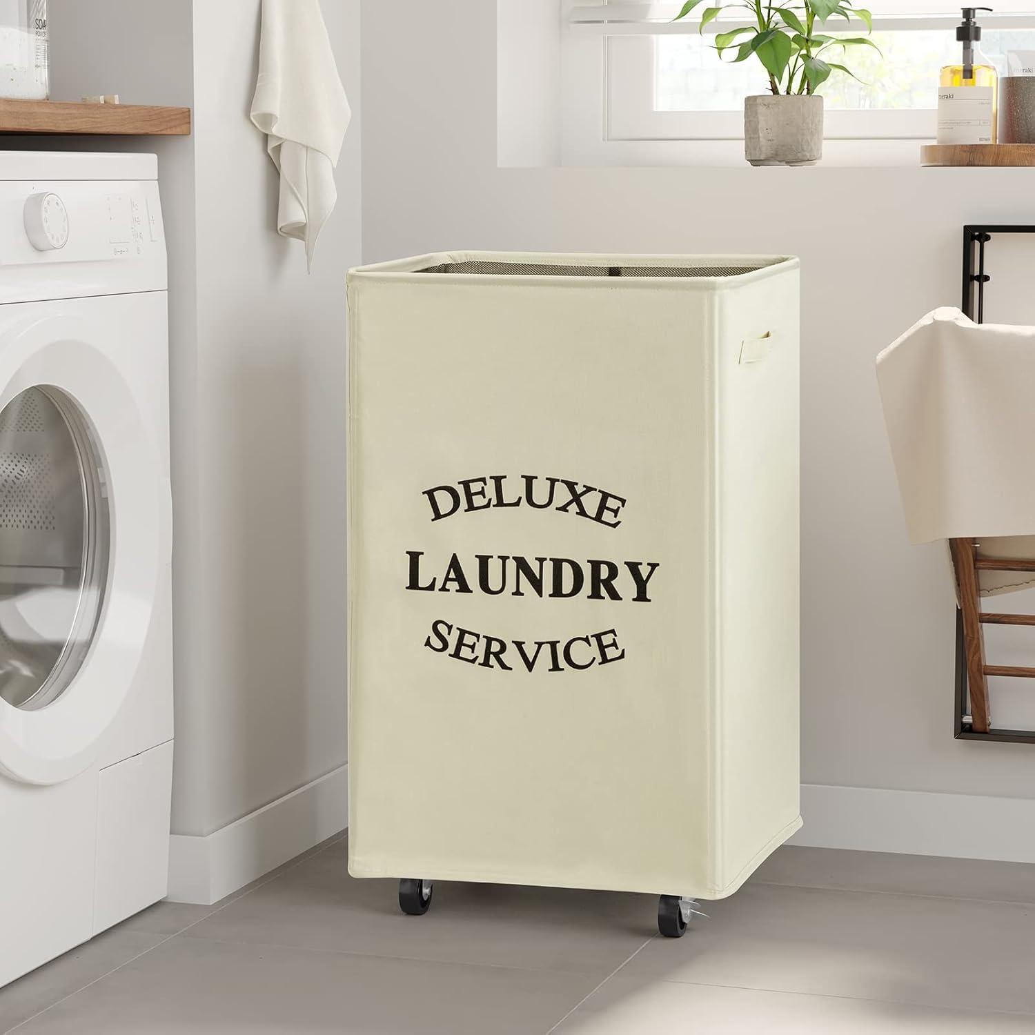 WOWLIVE Foldable Rectangular Deluxe Laundry Service Rolling Clothing Hamper Basket with Lockable Wheels for Laundry or Storage