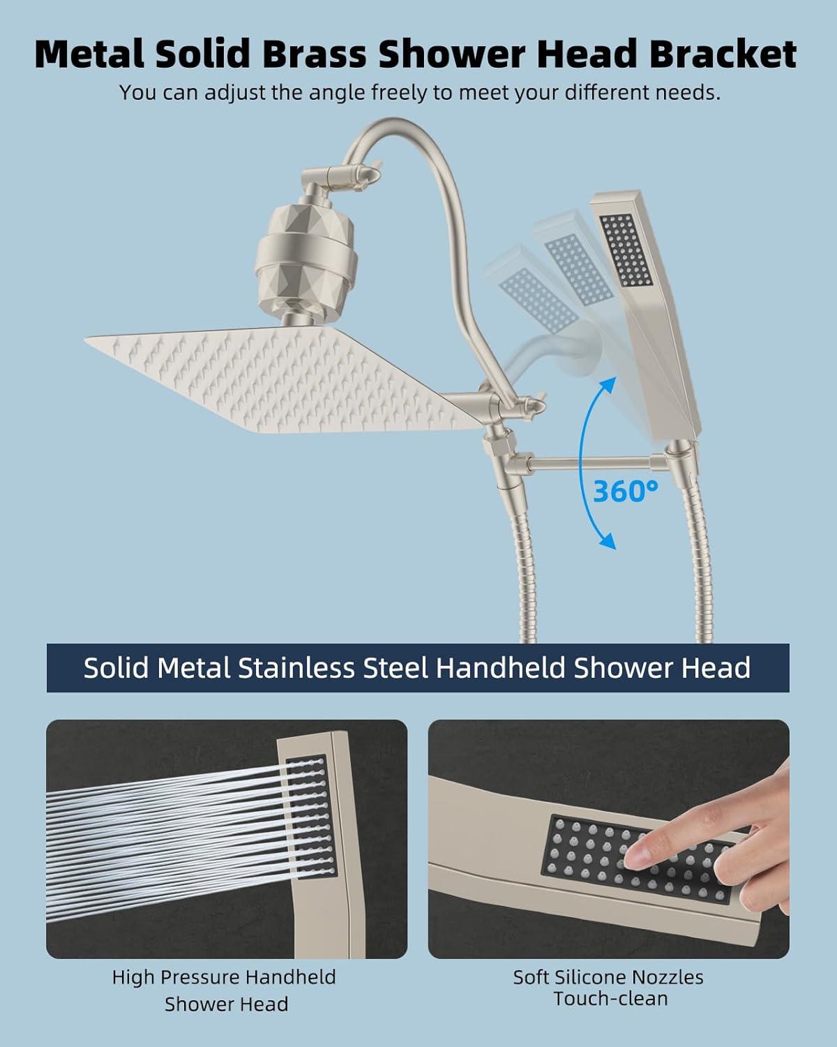 Brushed Nickel Dual Head Rainfall Shower Combo with Filter