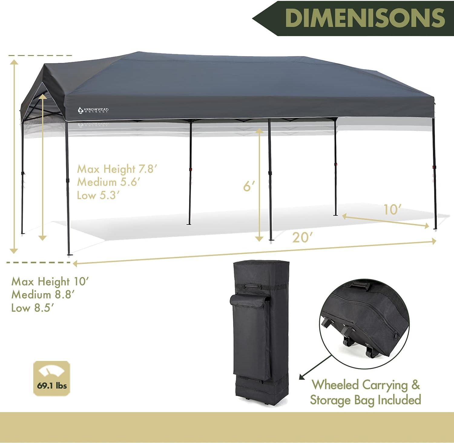 ARROWHEAD OUTDOOR 10’x20’ Pop-Up Canopy & Instant Shelter, Easy One Person Setup, Water & UV Resistant 300D Fabric Construction, Adjustable Height, Wheeled Carry Bag, Guide Ropes & Stakes Included