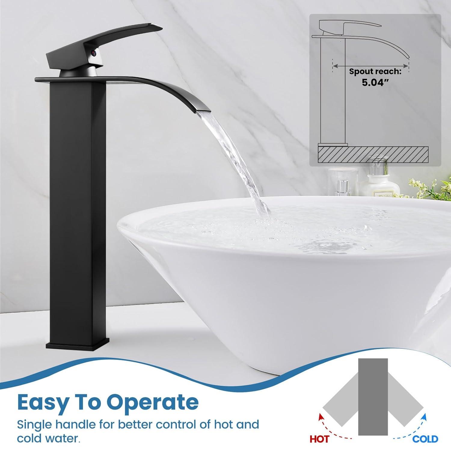 Waterfall Bathroom Faucet Single Handle，Bathroom Sink Faucet 1 Hole，Waterfall Faucet for Bathroom Sink，Vessel Sink Faucet Matte Black Tall Bathroom Faucet