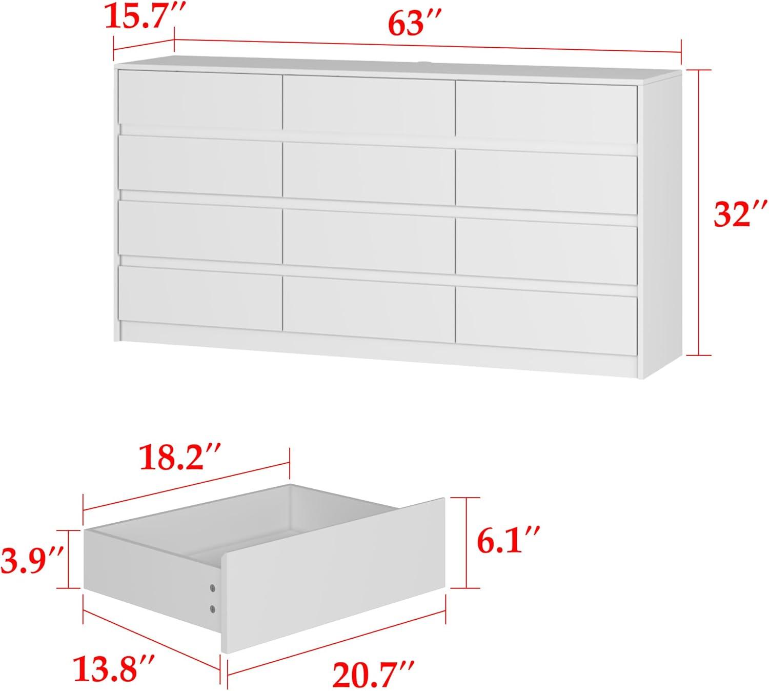 White Double Dresser with 12 Drawers, Modern Engineered Wood