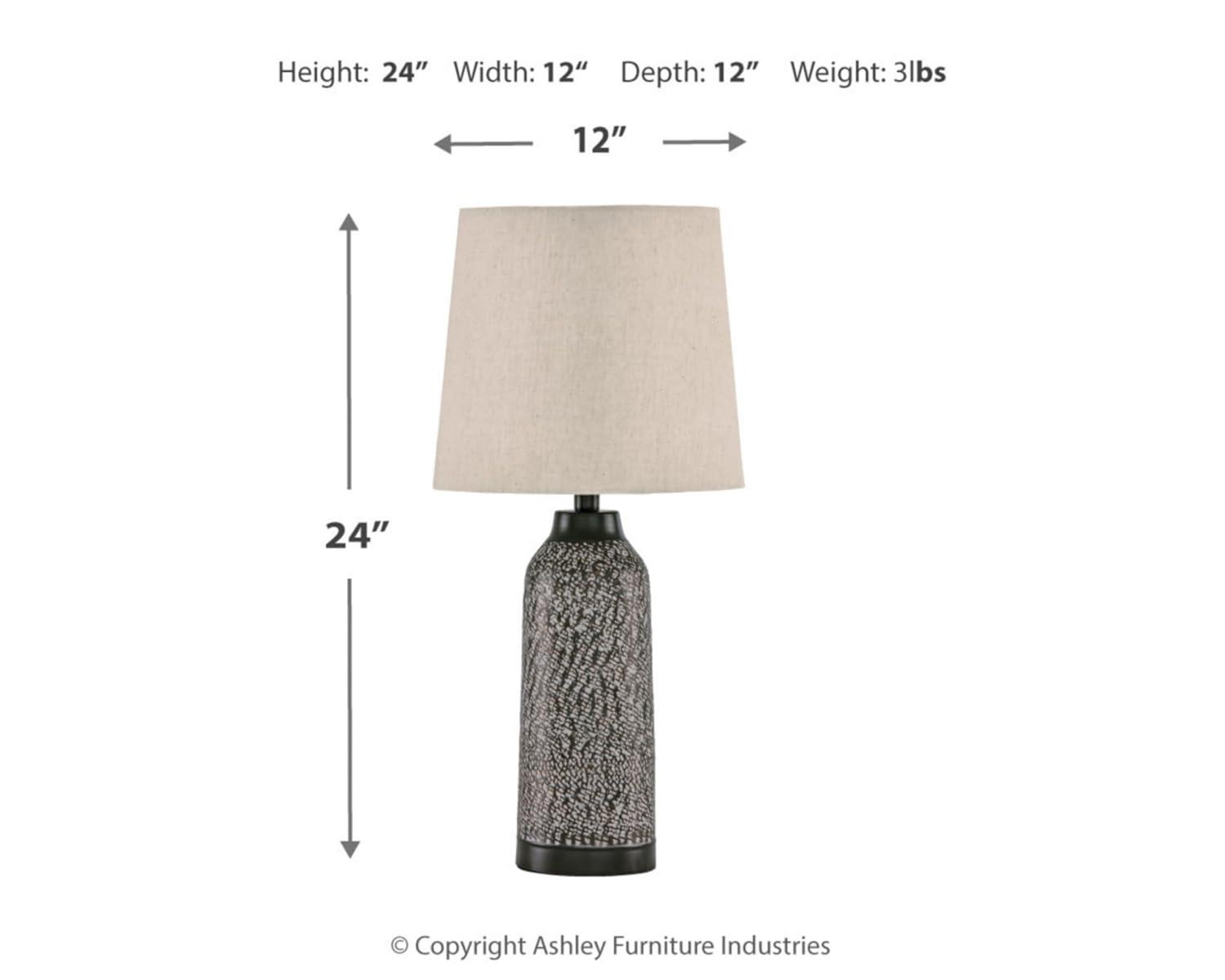 Signature Design by Ashley Lanson Table Lamps: Hammered Metal, Bronze Finish, Beige Shade, Set of 2