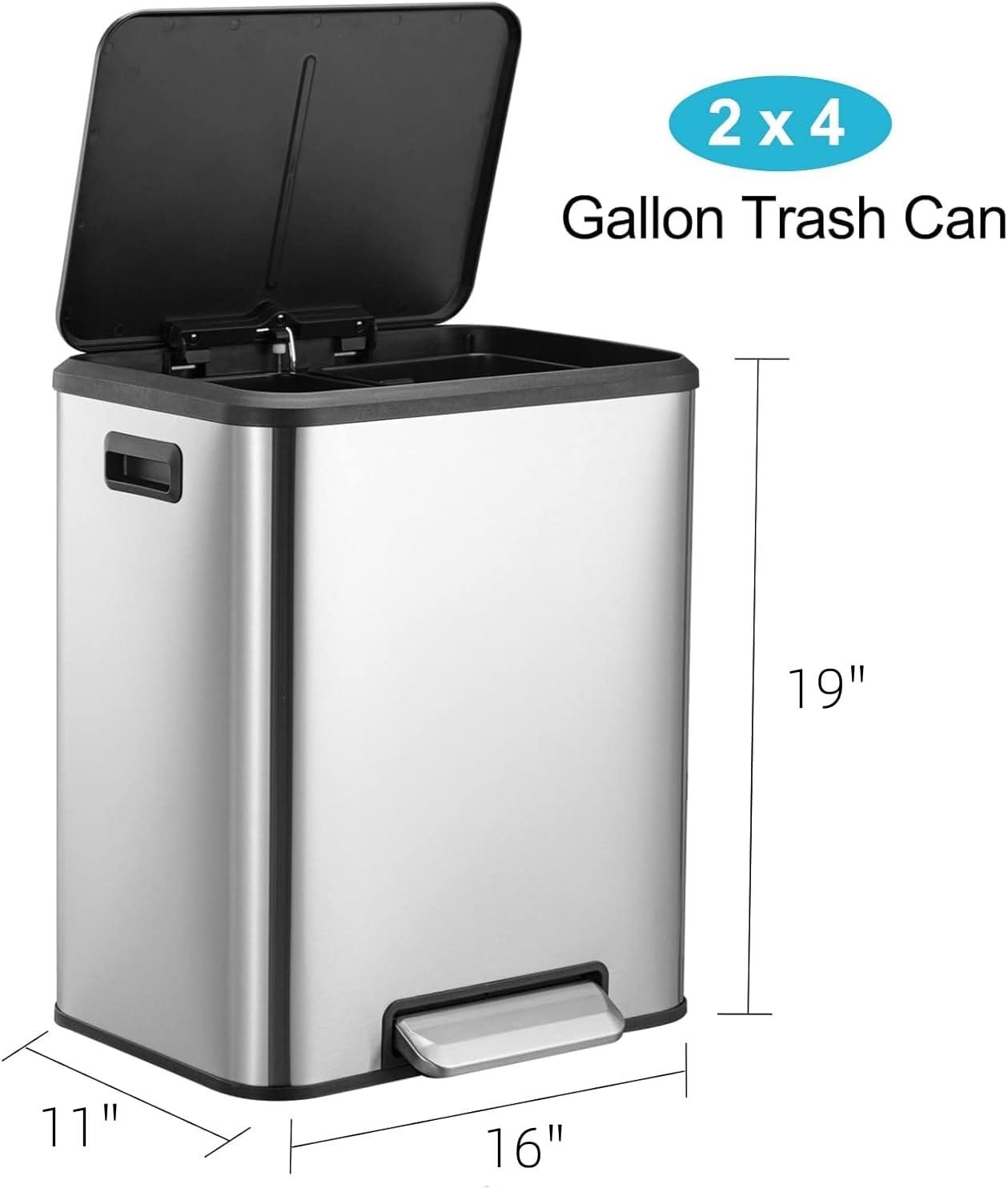 GlowSol Dual Trash Can for Recycling and Trash, Stainless Steel Kitchen Trash Can with Lid and Foot Pedal, Double Compartment Garbage Can, Trash Can with Recycling Bin (2 x 15 L)