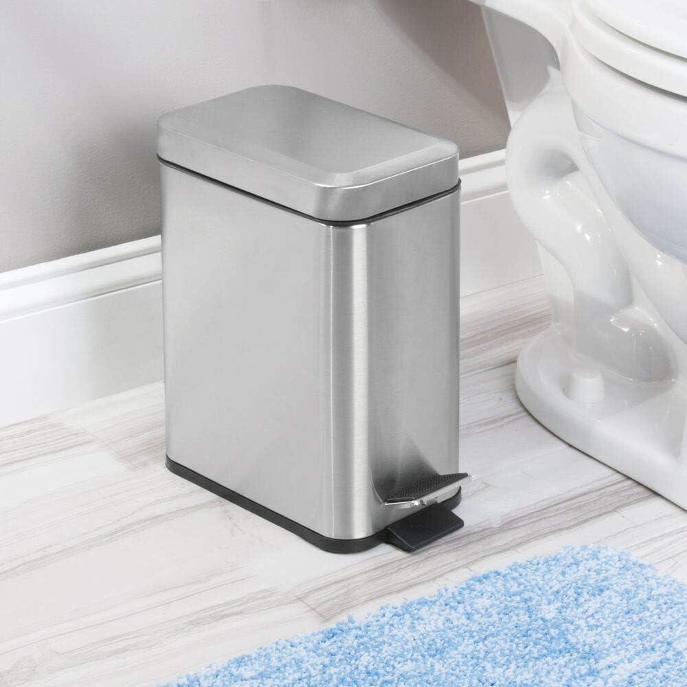 mDesign Small 1.3 Gallon Rectangle Metal Step Can, Liner/Handle, Brushed Chrome