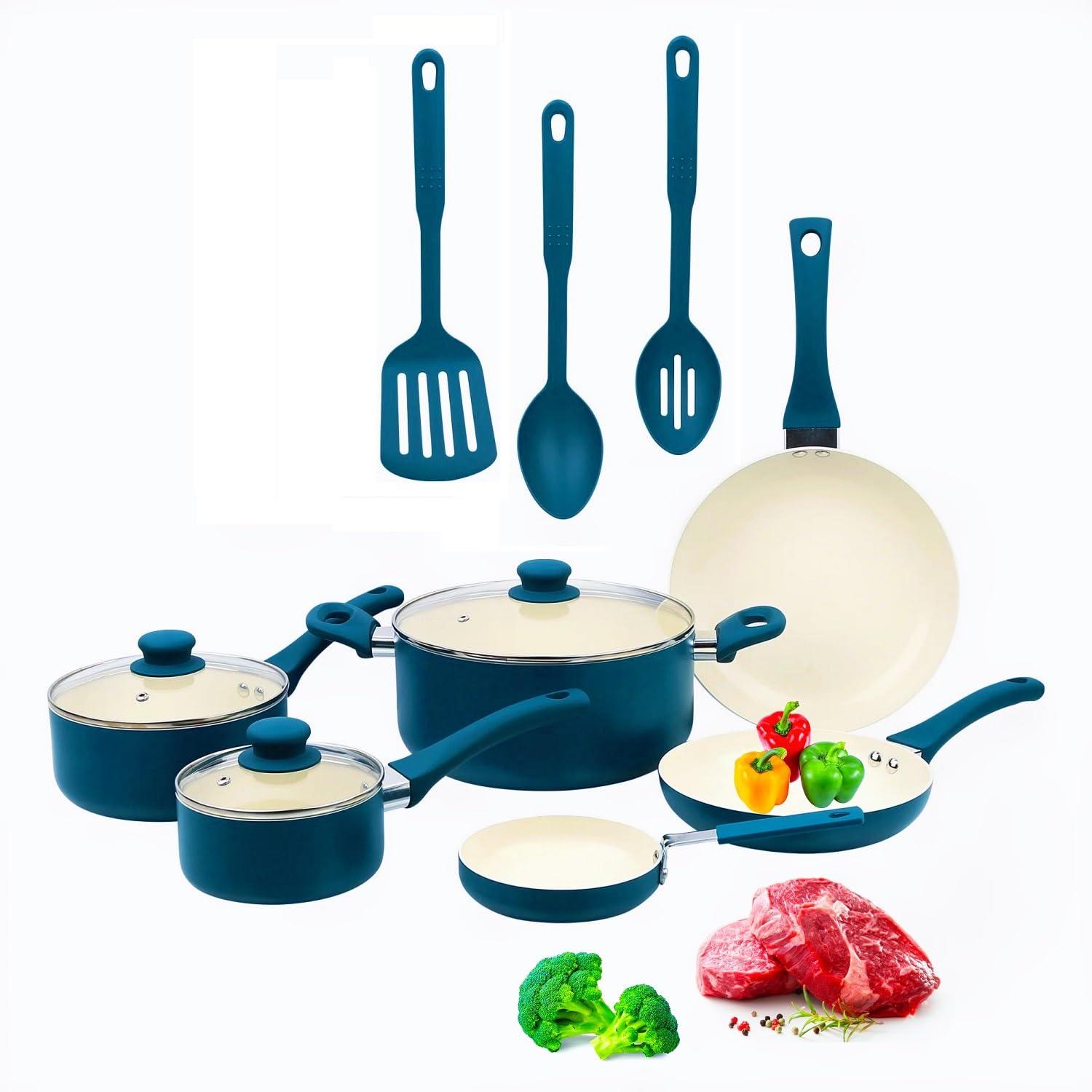 Mainstays 12 Piece Ceramic Nonstick Aluminum Pots and Pans Cookware Set, Blue