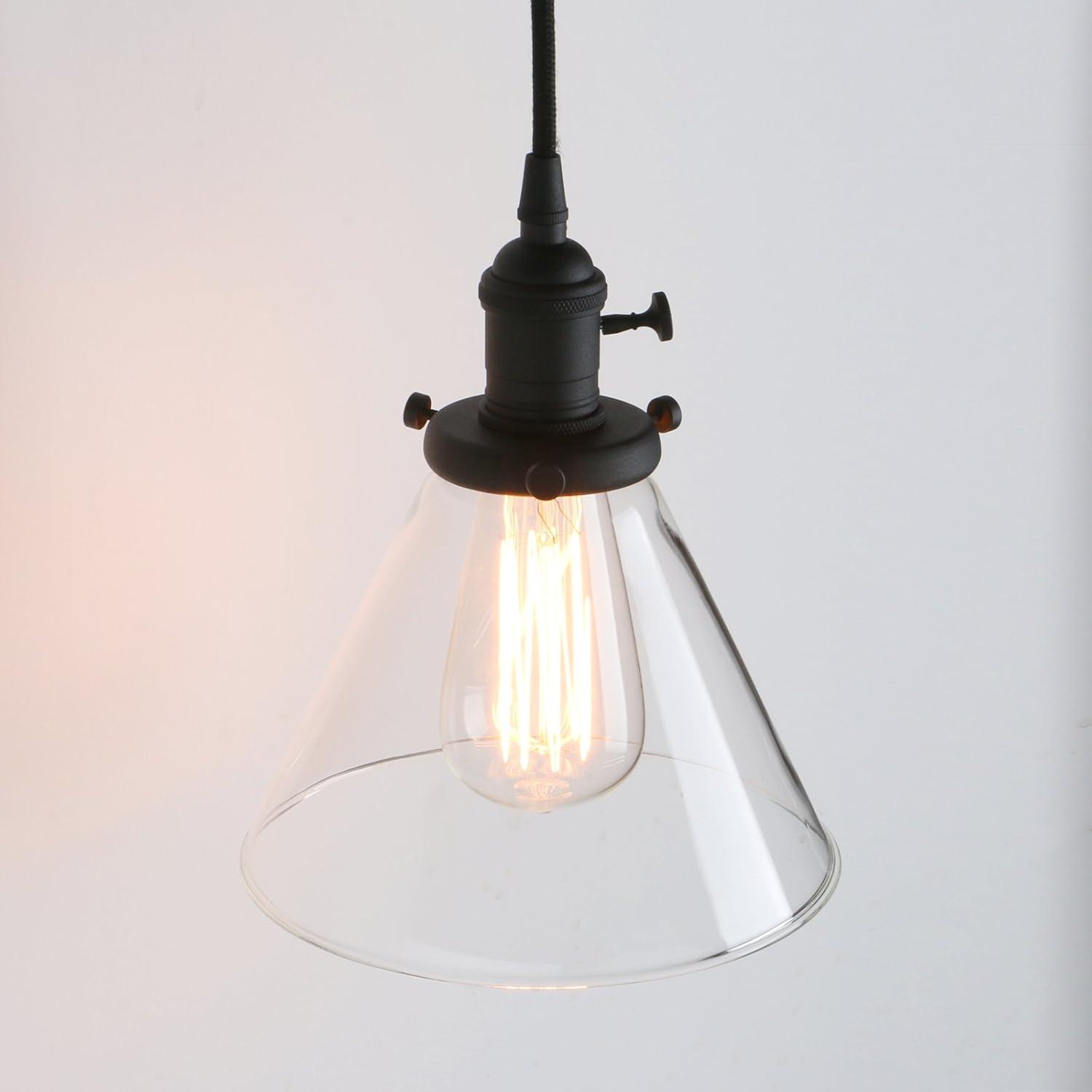 PERMO Vintage Rustic Industrial 3-Lights Kitchen Island Chandelier Triple 3 Heads Pendant Hanging Ceiling Lighting Fixture with Funnel Flared Clear Glass Shade (Black)