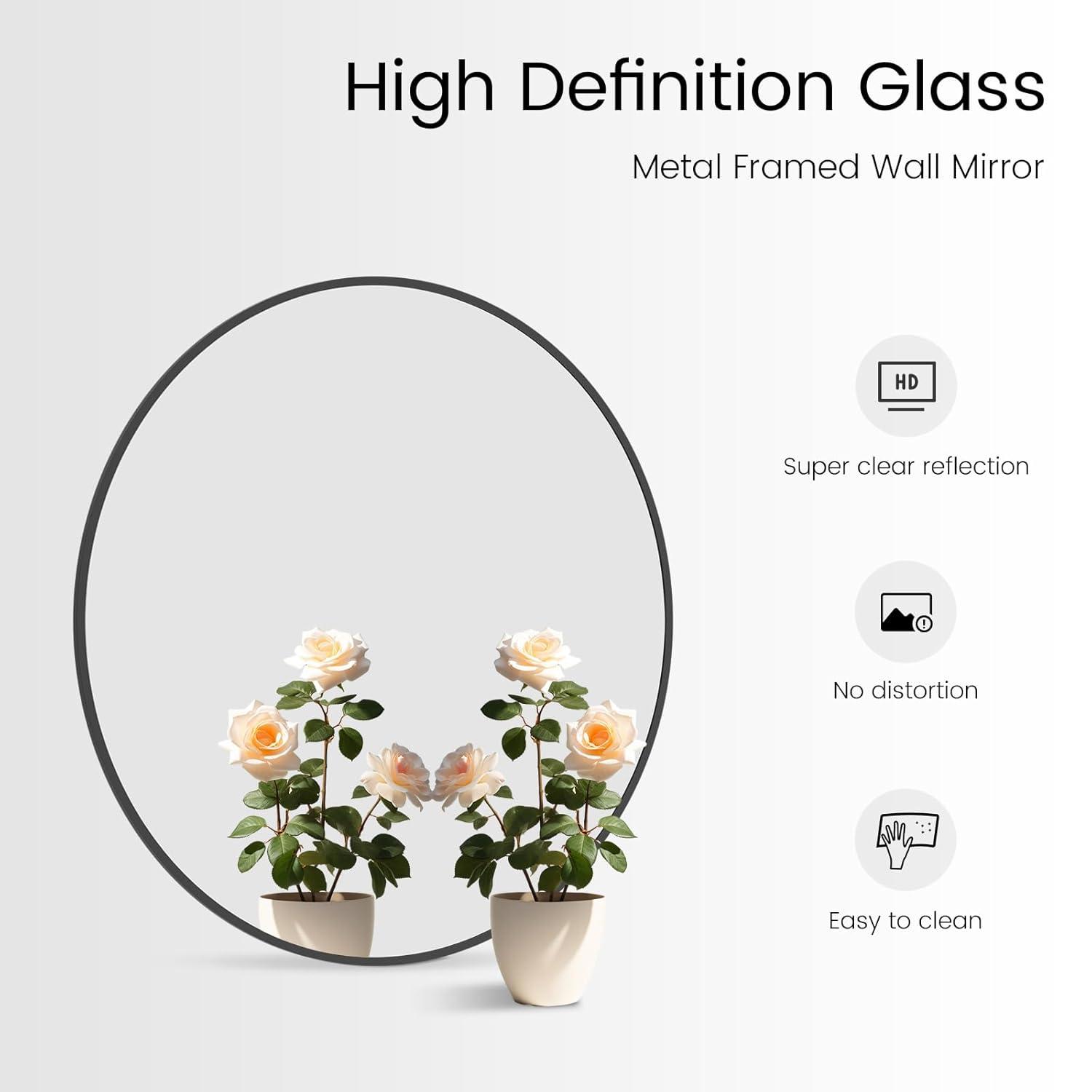 WallBeyond Classic Wooden Frame Farmhouse Round Wall Mirror Satin Black 24 inches Black