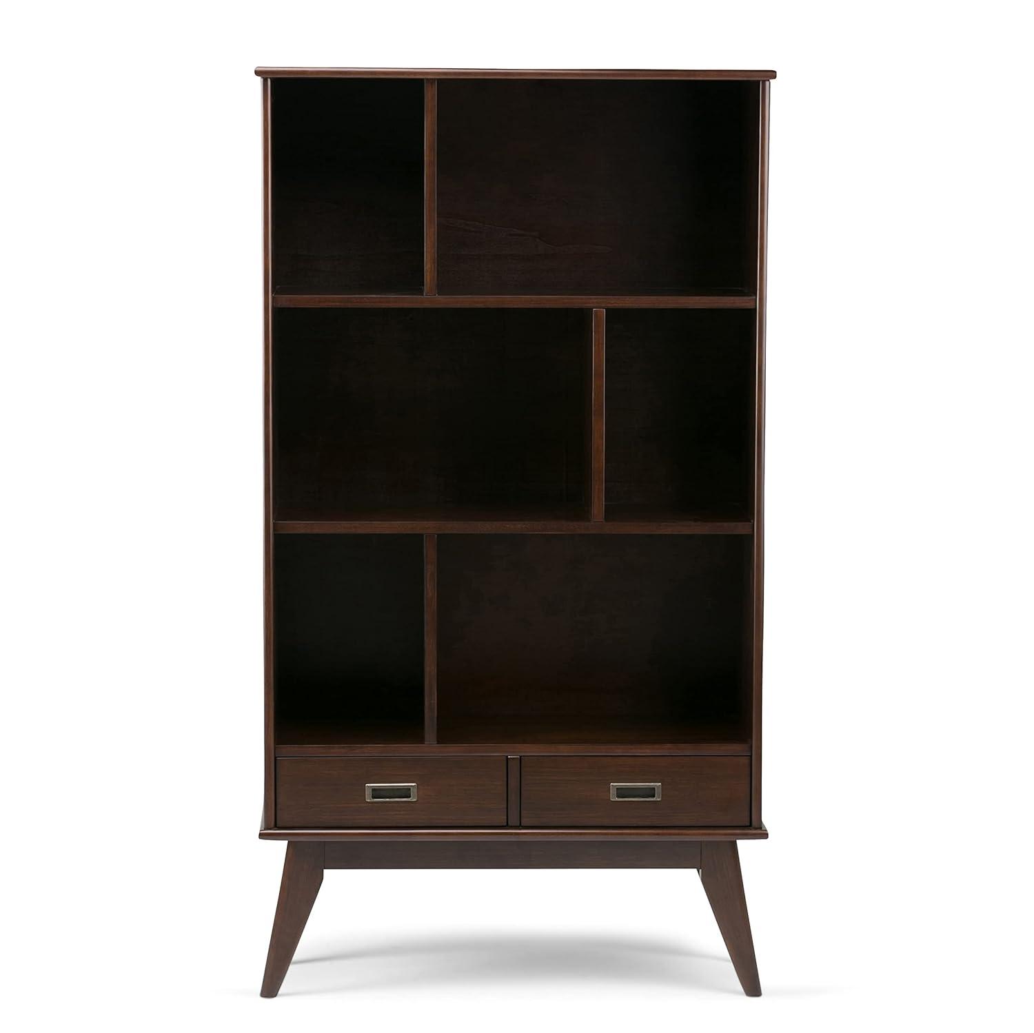 Simpli Home Draper 35"W Solid Hardwood 6 Shelf Compartment Mid-Century Modern Wide Bookcase with 2 Drawers