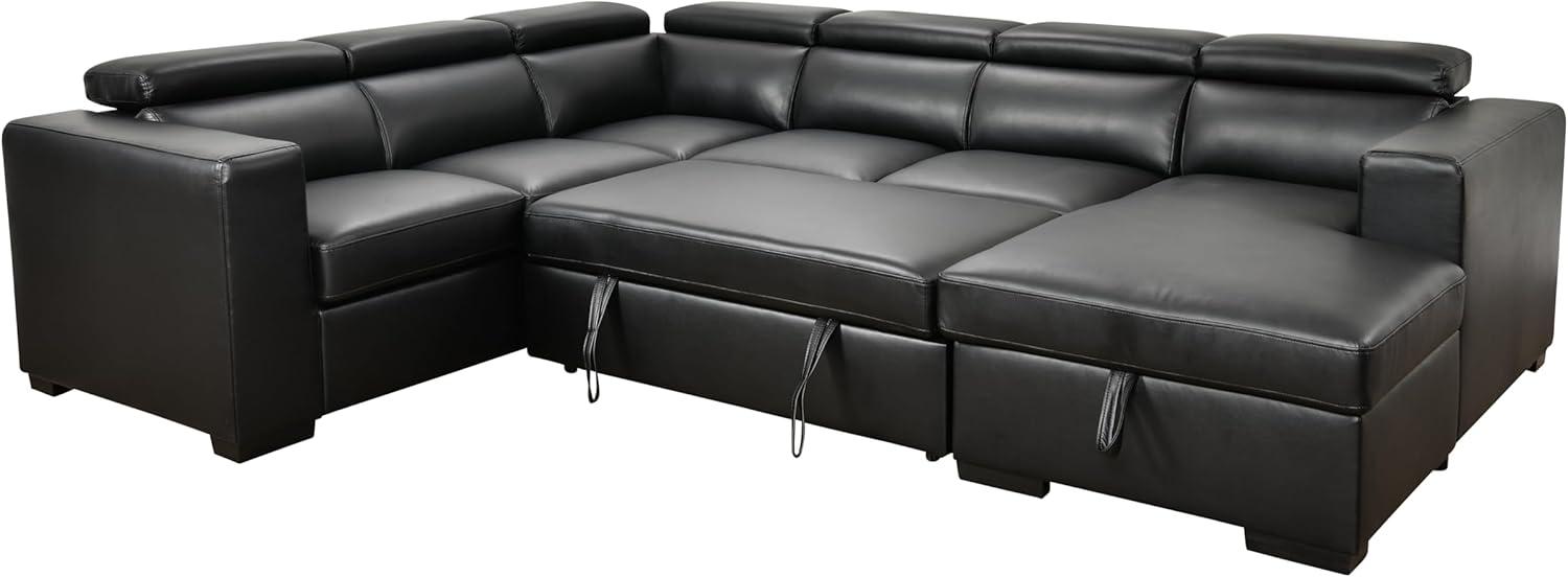 Black Faux Leather U-Shaped Sectional Sofa with Ottoman