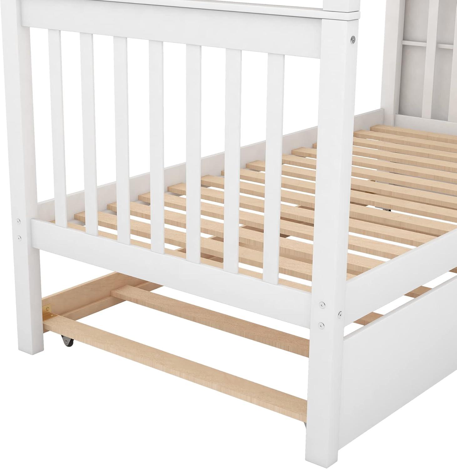 Harper & Bright Designs Solid Wood Bunk Bed Frame with Trundle, Twin Over Twin Loft Bed With Storage Stairways and Guardrails for Kids and Teens