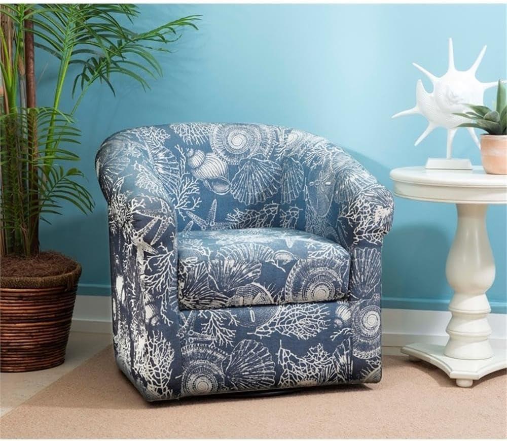 Pemberly Row Swivel Coastal Fabric Club Chair in Blue Seashell Pattern