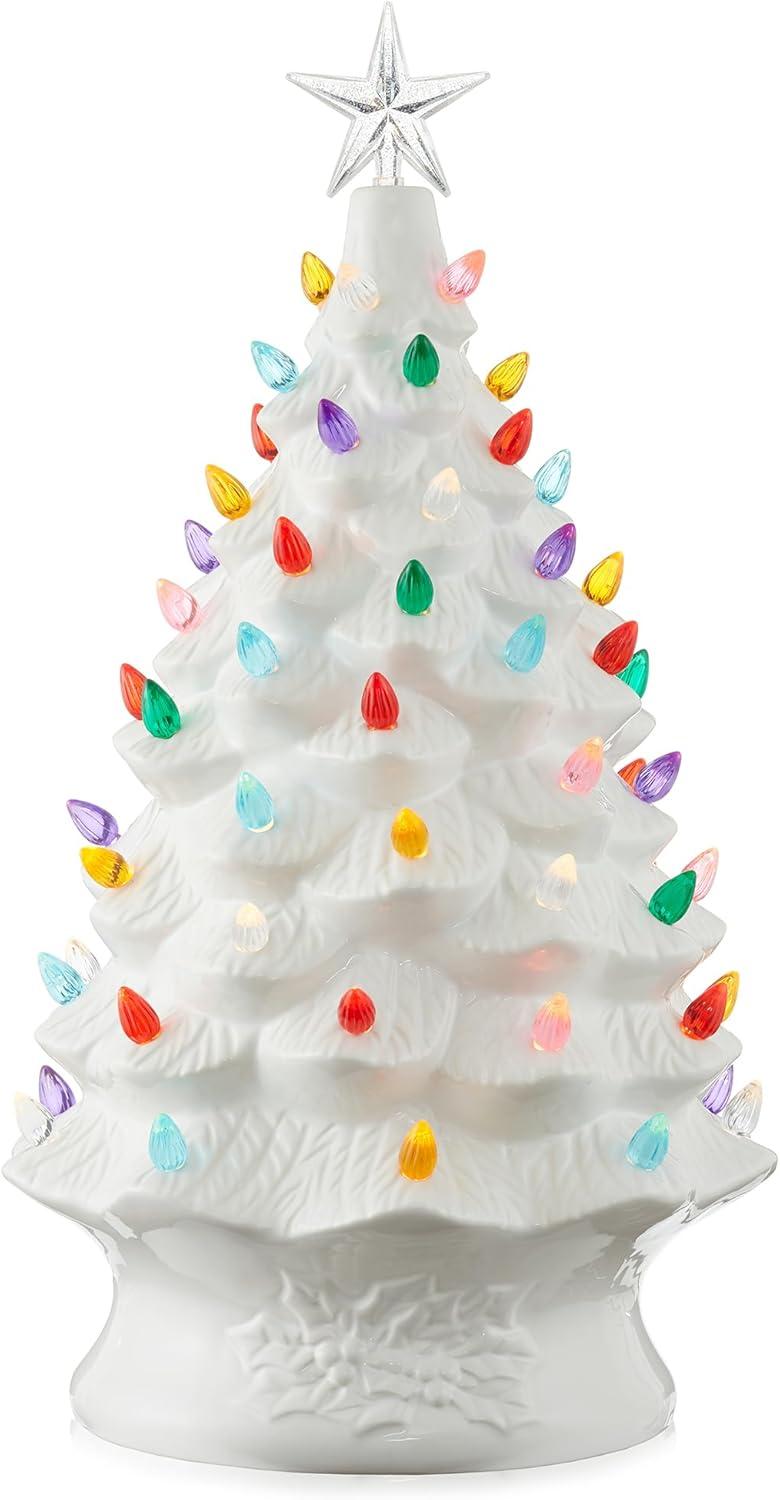 24" Hand Painted Ceramic Christmas Tree, Pre-Lit Tree with Star