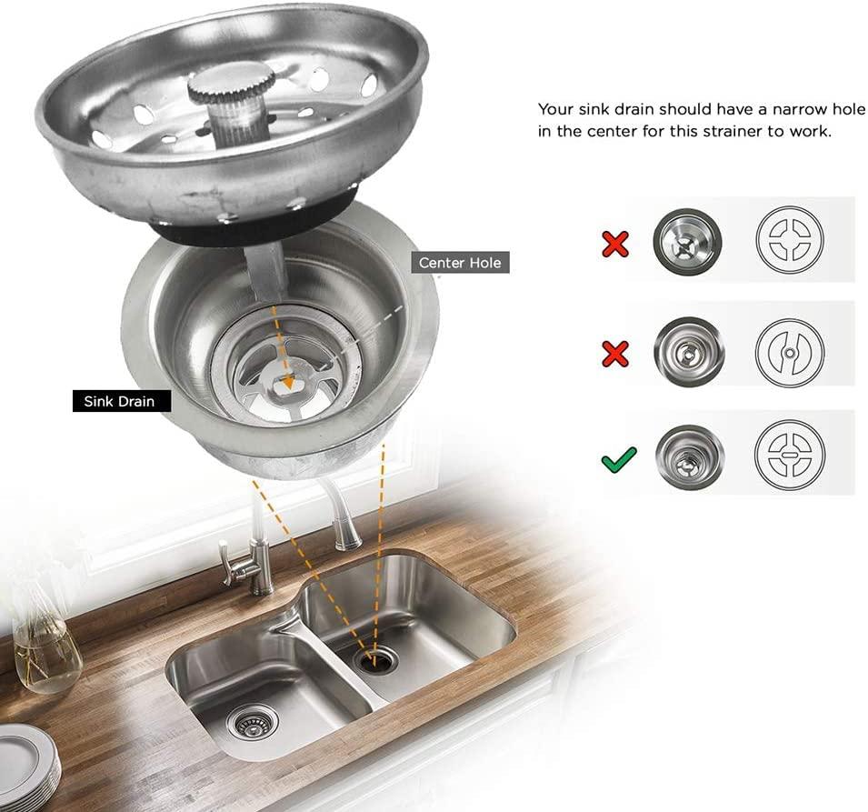 Chrome Plated Stainless Steel Kitchen Sink Basket Strainer with Rubber Stopper, 3-1/2 Inch