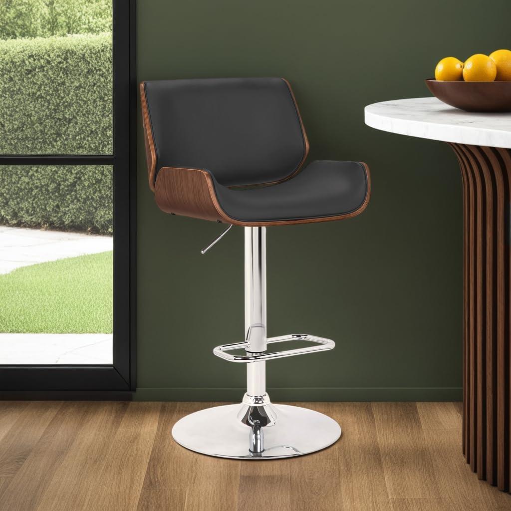 London Swivel Barstool Black/Walnut - Armen Living: Chrome Metal, Adjustable, Faux Leather