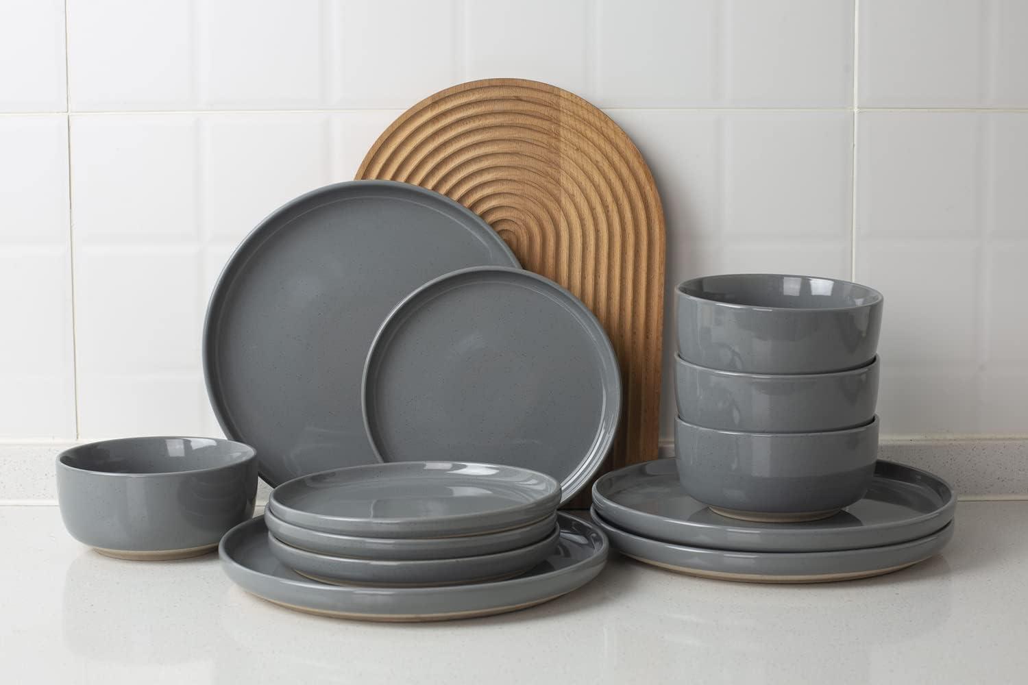 Famiware Plates and Bowls Set, 12 Piece Stoneware Dinnerware Sets, Dark Gray