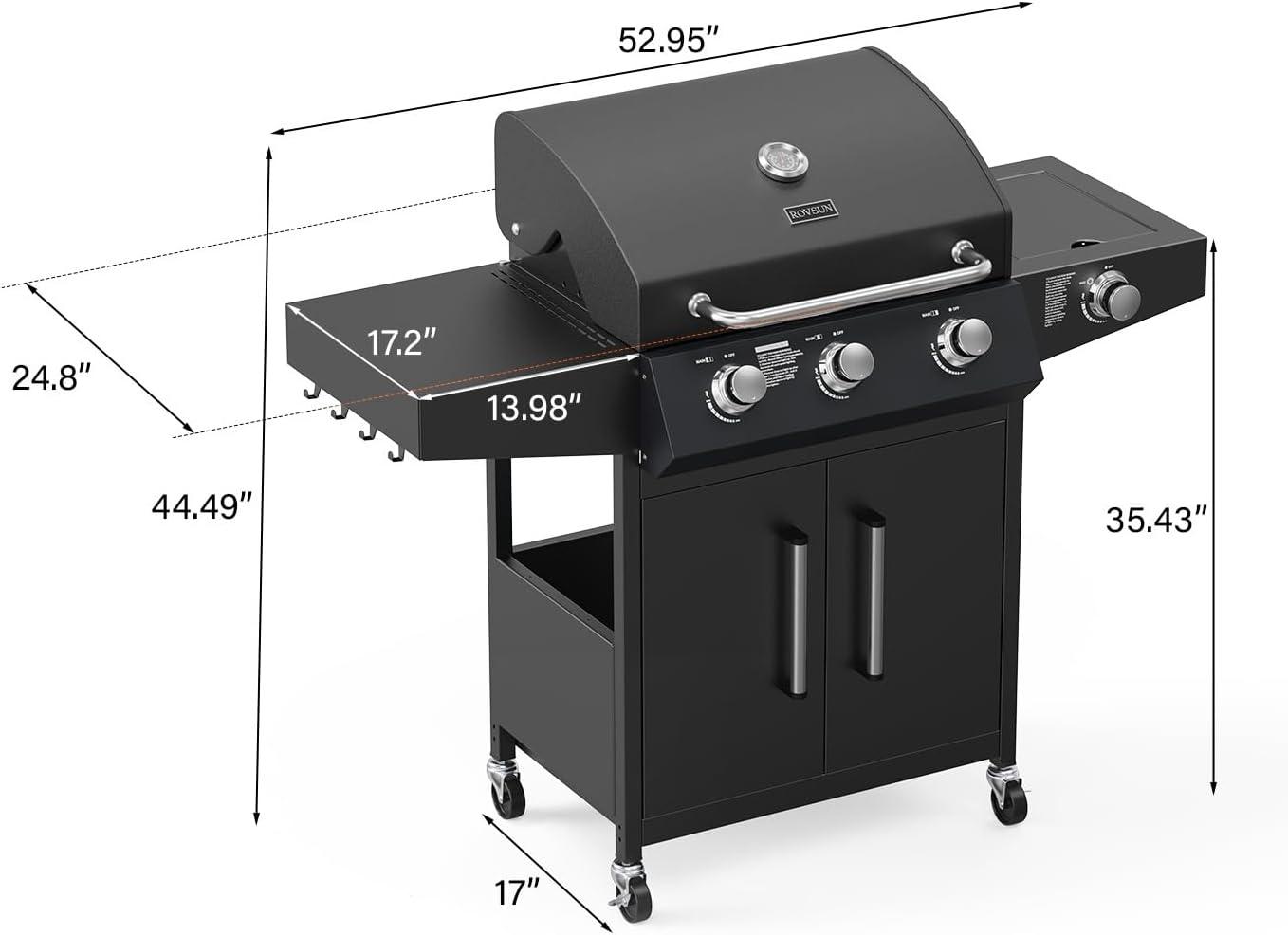 Black Stainless Steel 3-Burner Propane Gas Grill with Side Burner