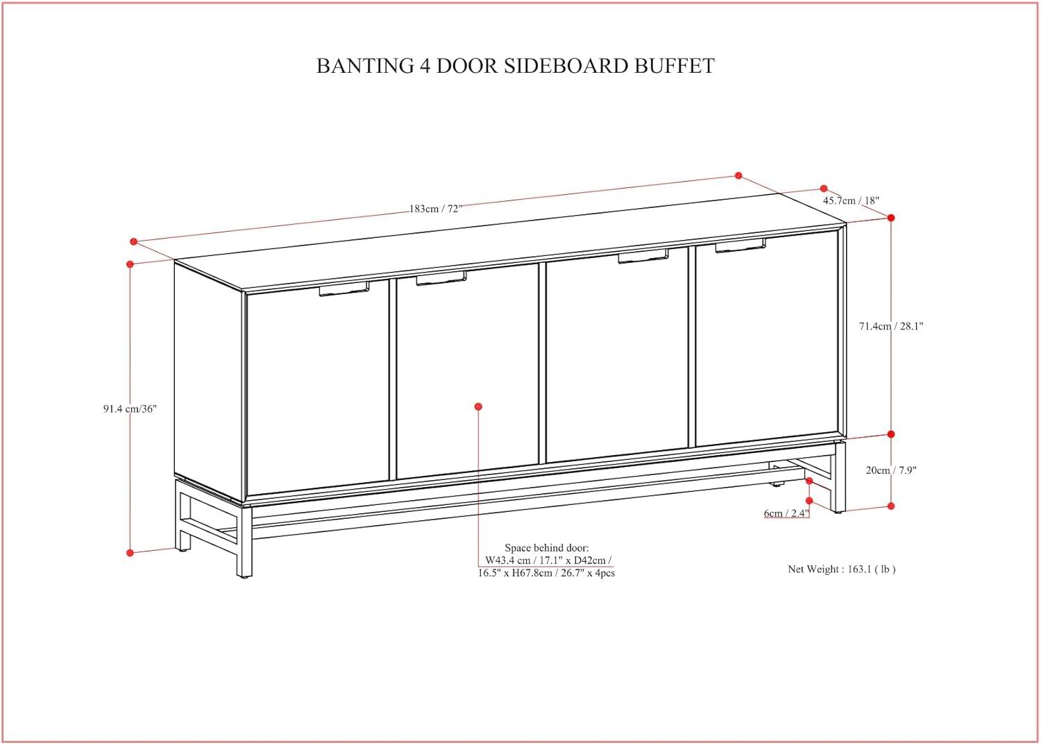 Simpli Home Banting SOLID HARDWOOD and Metal 72 inch x 18 inch Rectangle Modern Industrial 4 Door Sideboard Buffet in Walnut Brown