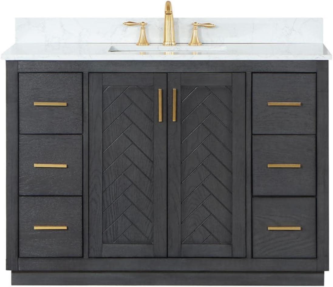 Gazsi 48" Single Bathroom Vanity Set in Brown Oak with Grain White Composite Stone Countertop without Mirror
