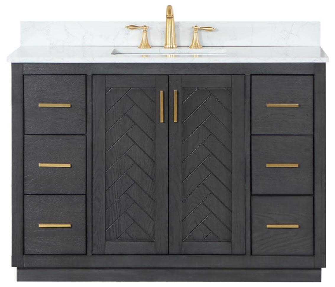 Gazsi 48" Single Bathroom Vanity Set in Charcoal Blue with Grain White Composite Stone Countertop without Mirror
