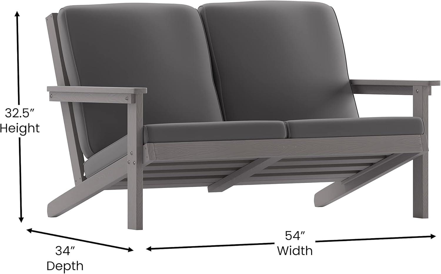 Flash Furniture Charlestown All-Weather Poly Resin Wood Adirondack Style Deep Seat Patio Loveseat with Cushions, Gray/Gray