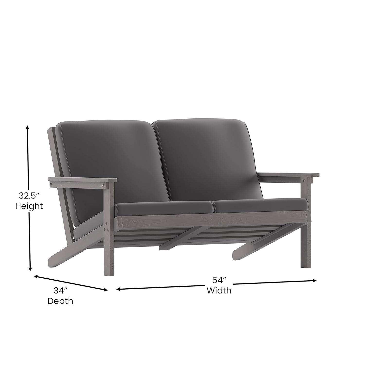 Flash Furniture Charlestown All-Weather Poly Resin Wood Adirondack Style Deep Seat Patio Loveseat with Cushions, Gray/Gray