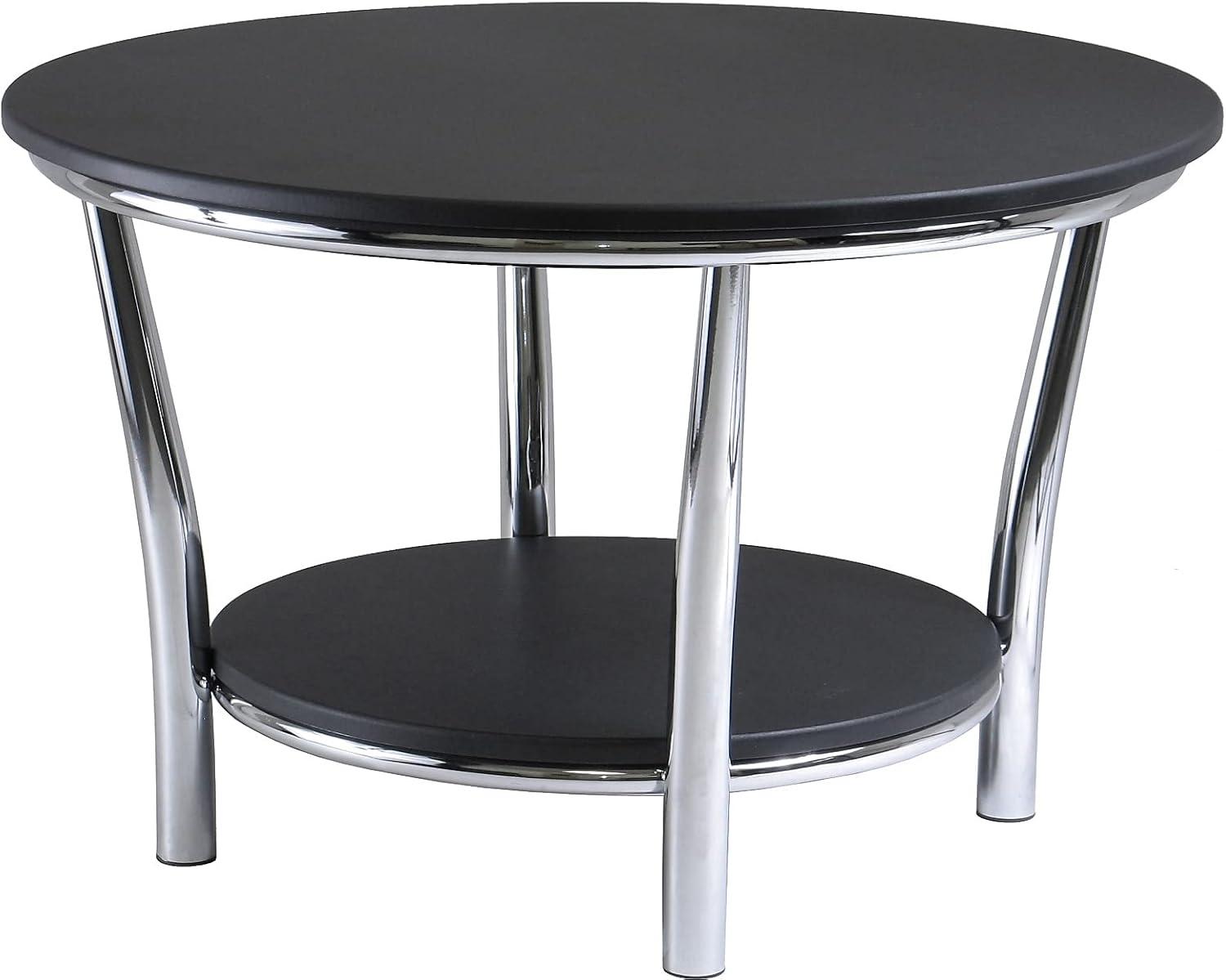 Maya Round Coffee Table, Black Top, Metal Legs - Black, Metal - Winsome: Modern Design, 4-Point Base, MDF Shelf