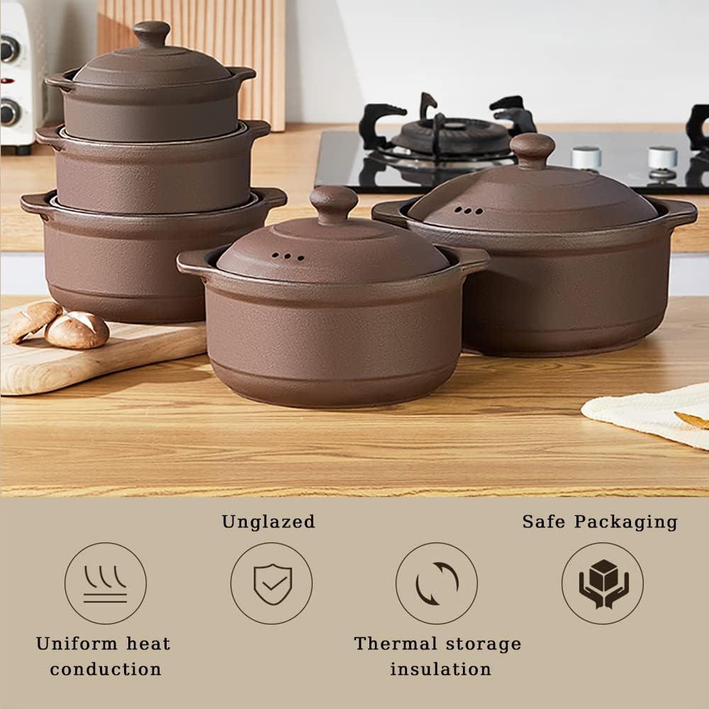 Natural Terracotta Casserole with Lids Clay Pots for Cooking, Unglazed Earthenware Rice Pots (T4-3.6QT)