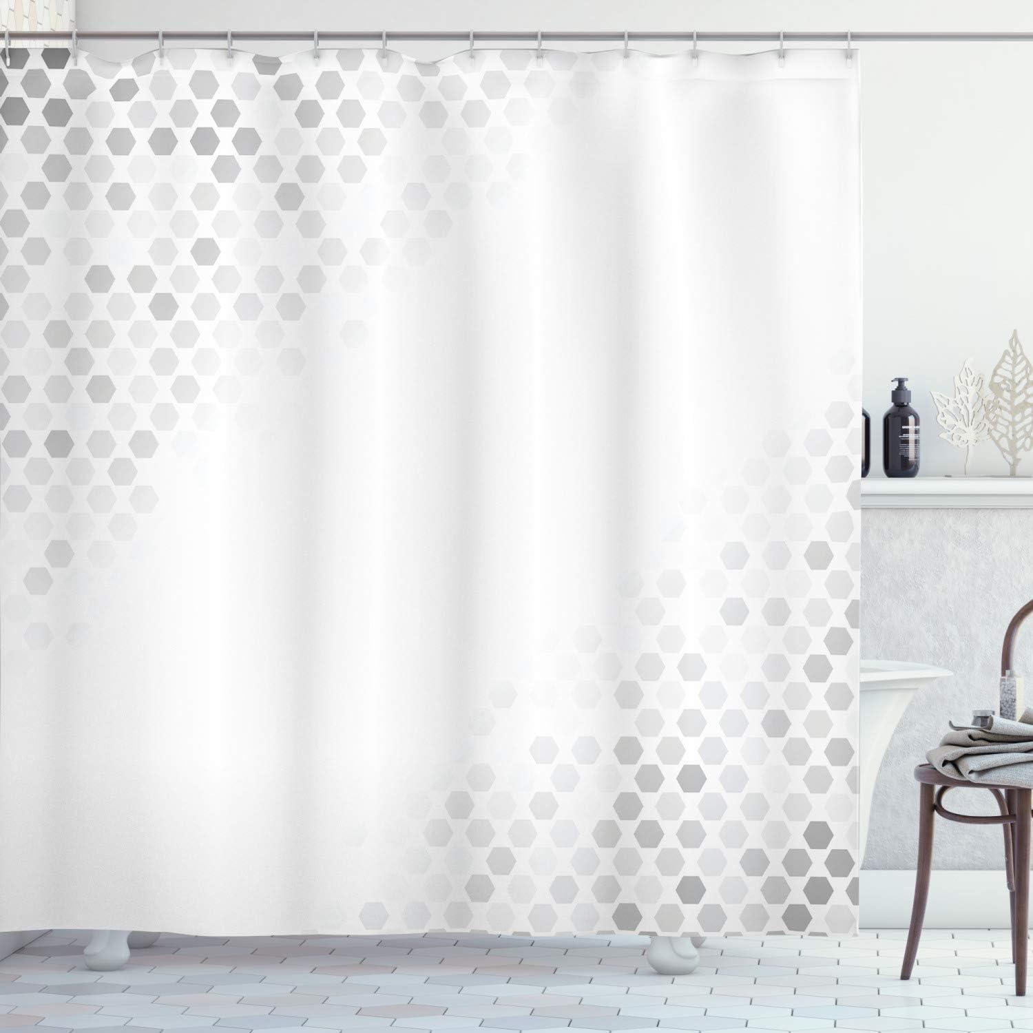 White and Silver Geometric Fabric Shower Curtain