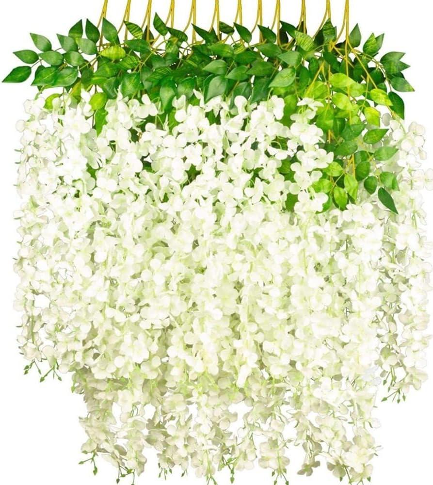 MAMOWEAR 12pcs Artificial Flower Wisteria Vines 3.6 Feet Fake Ratta Hanging Garland Silk Flowers String for Wedding Party Garden Outdoor Greenery Home Wall Décor(White)