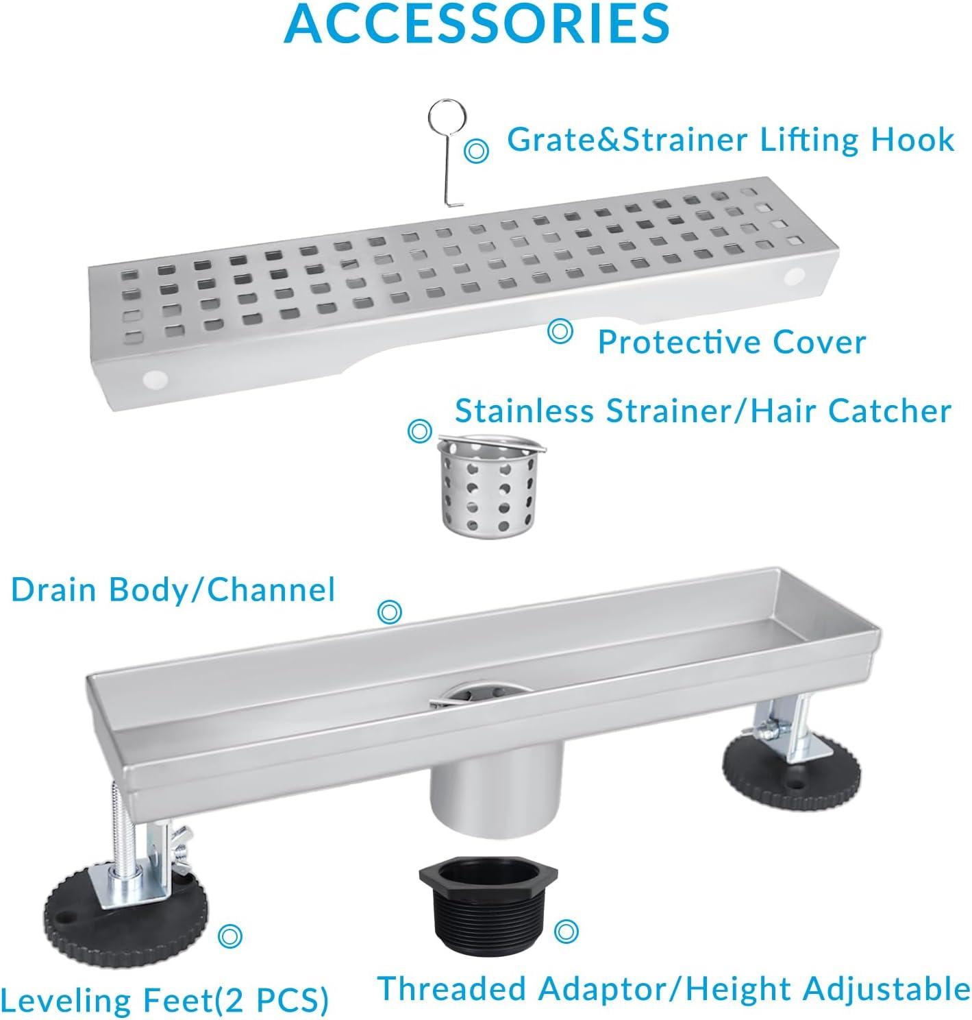 32 Inch Stainless Steel Linear Shower Drain with Square Pattern