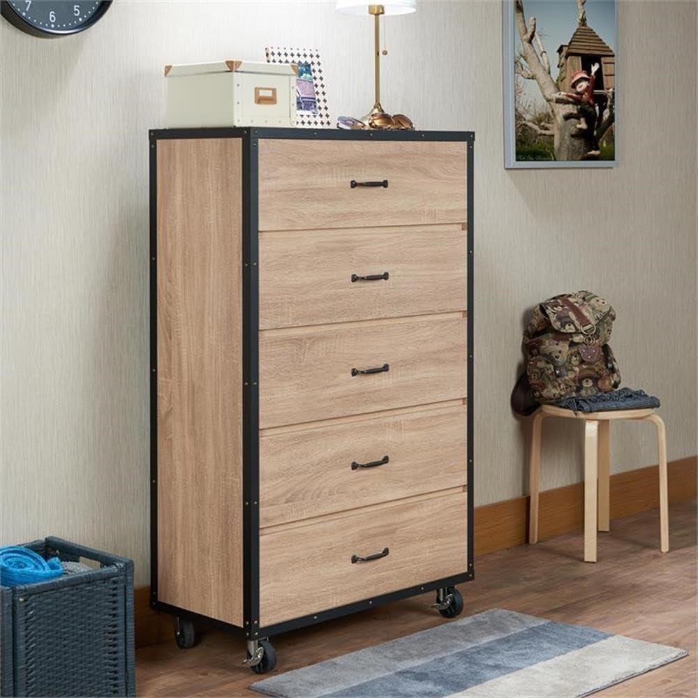 Weathered Light Oak Industrial Chest with Casters and Felt Lined Drawers