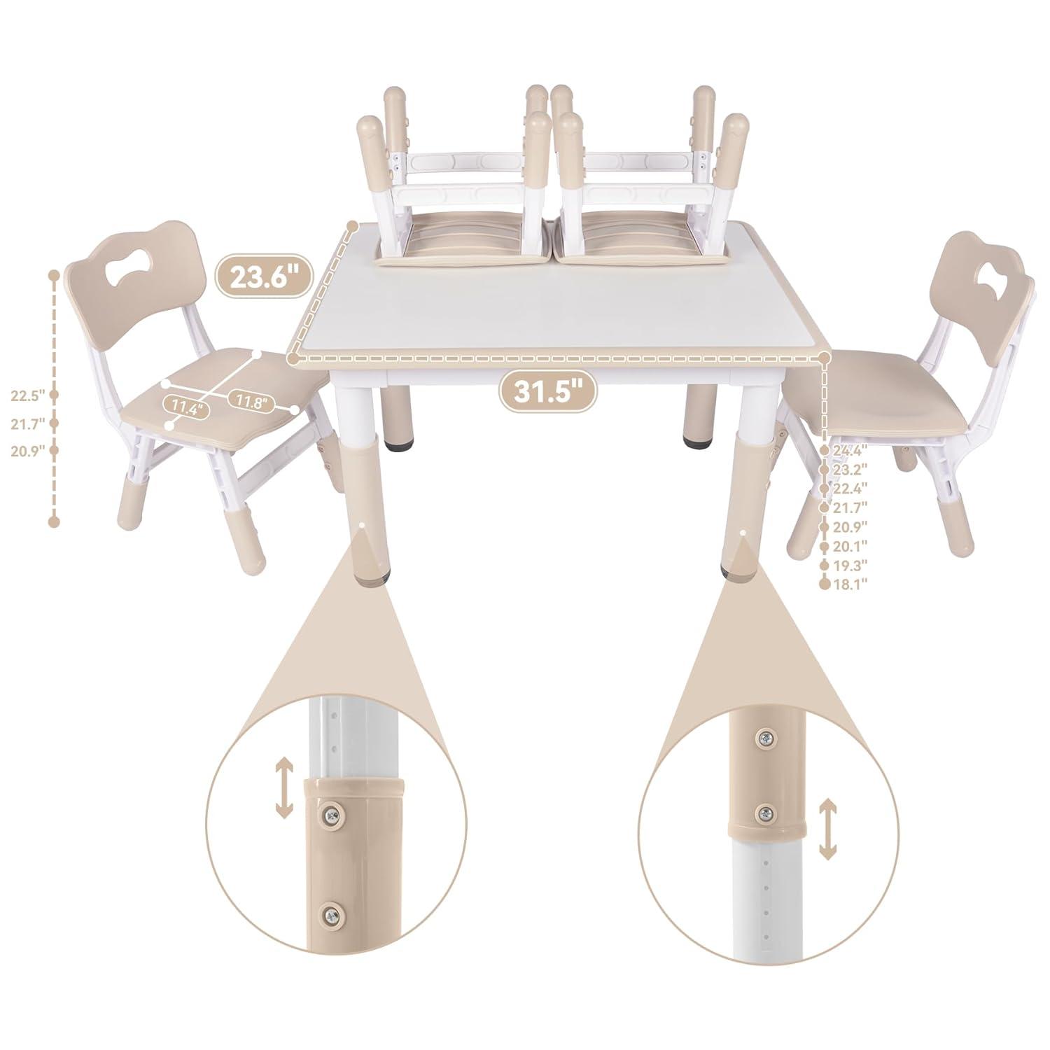 Height-Adjustable Kids Table and 4 Chairs Set, Toddler Table and Chair Set with Graffiti Desktop, 31.5''L x 23.6''W Children Activity Table for Daycare, Classroom, Home