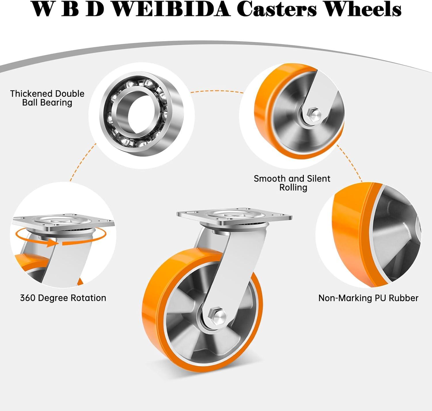 W B D WEIBIDA 6 Inch Industrial Fixed Casters (2 Pack), Maintenance-Free Polyurethane on Aluminum Wheels, Heavy Duty Casters Wheels 2500 Lbs, Industrial Rigid Casters for Hand Truck, Cabinet