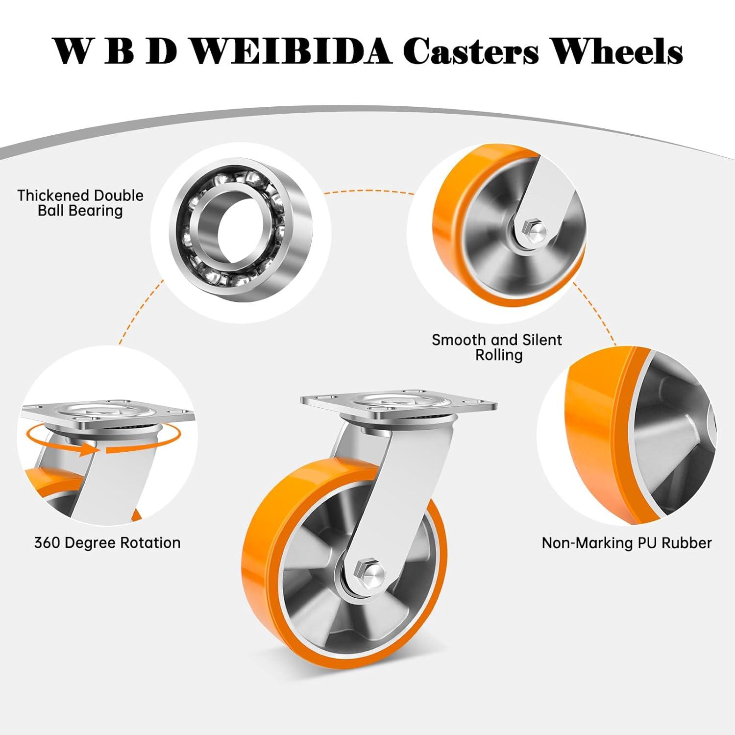 W B D WEIBIDA 6 Inch Industrial Fixed Casters (2 Pack), Maintenance-Free Polyurethane on Aluminum Wheels, Heavy Duty Casters Wheels 2500 Lbs, Industrial Rigid Casters for Hand Truck, Cabinet