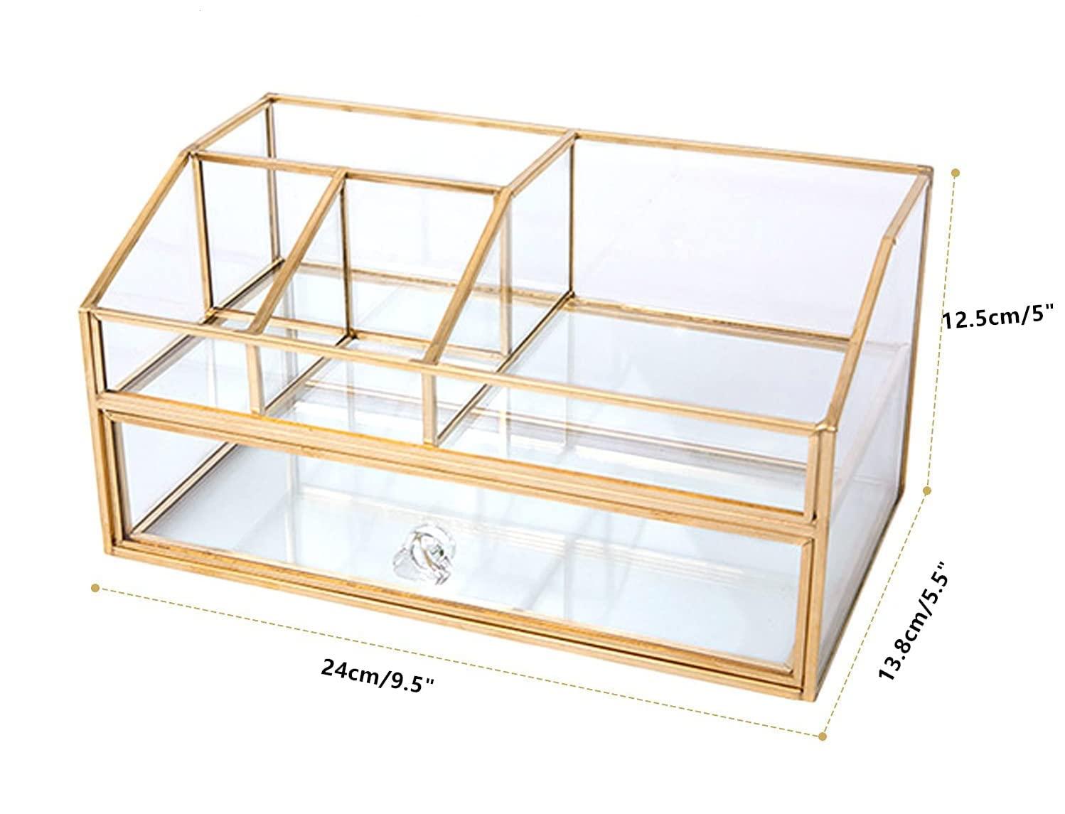 Glass Makeup Brush Holder, Makeup Brush Organizer Jewelry Display Box, Nordic Style Elegant Glass Makeup Organizer Nail Polish Lipsticks Eyeliners Holder for Vanity Bathroom Bedroom Office