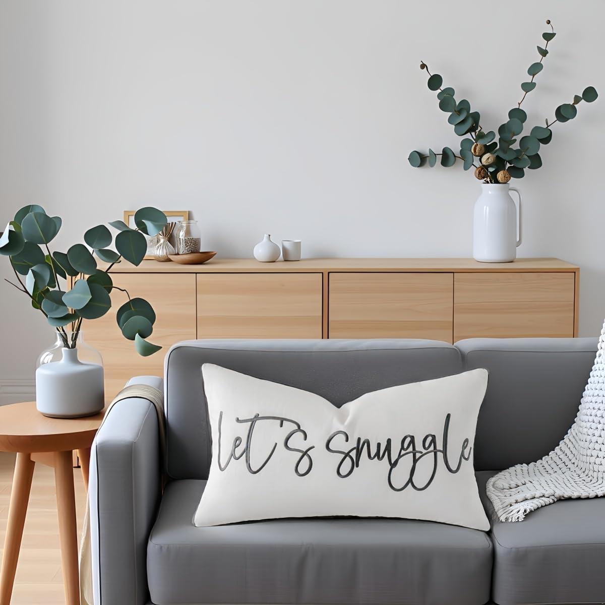 Sunkifover Let's Snuggle Decorative Lumbar Pillow Cover - 12x20 Inch White and Grey Cotton Embroidery Throw Pillowcase for Bed, Bedroom, Living Room, Home Decor