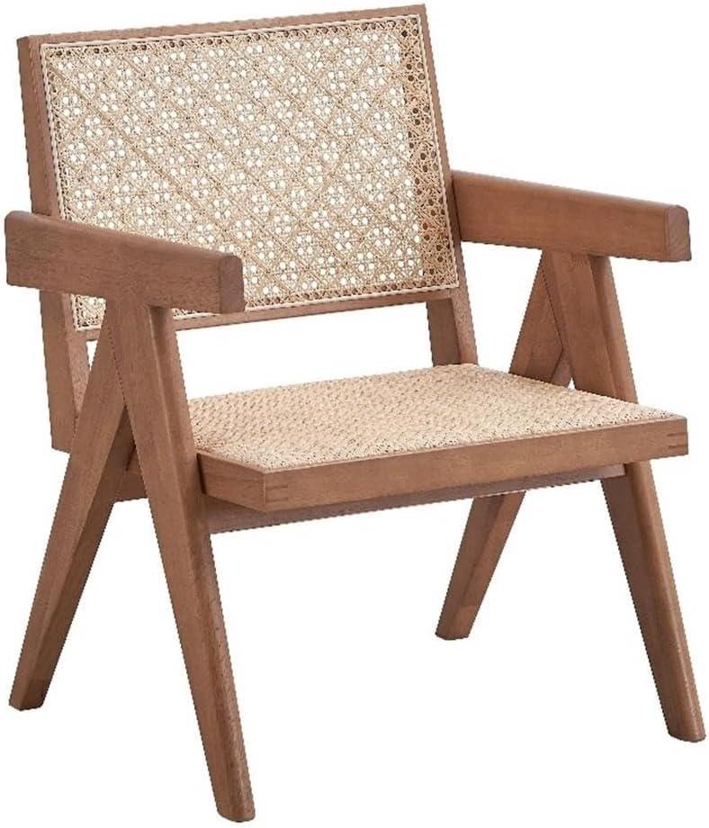 24" Velentina Accent Chair Rattan/Natural Finish - Acme Furniture: Leather Upholstery, Tufted, Wood Composite Frame