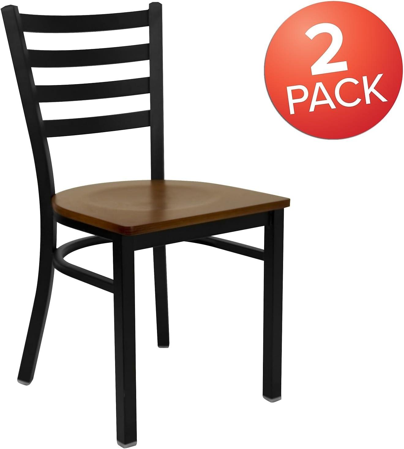 BizChair 2 Pack Black Ladder Back Metal Restaurant Chair - Cherry Wood Seat