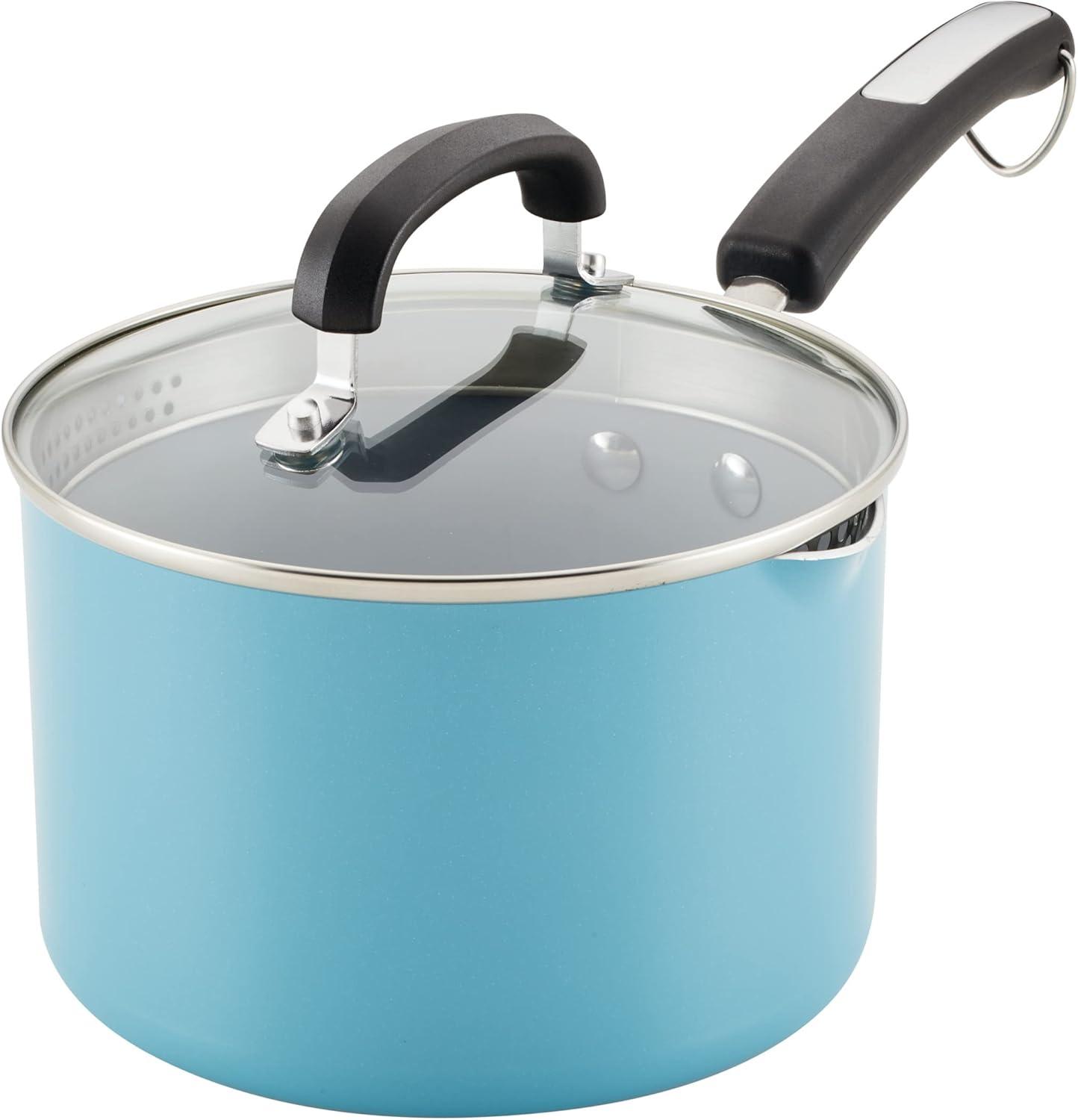 Turquoise Aluminum Nonstick Saucier with Pour Spout and Lid, 3 Quart