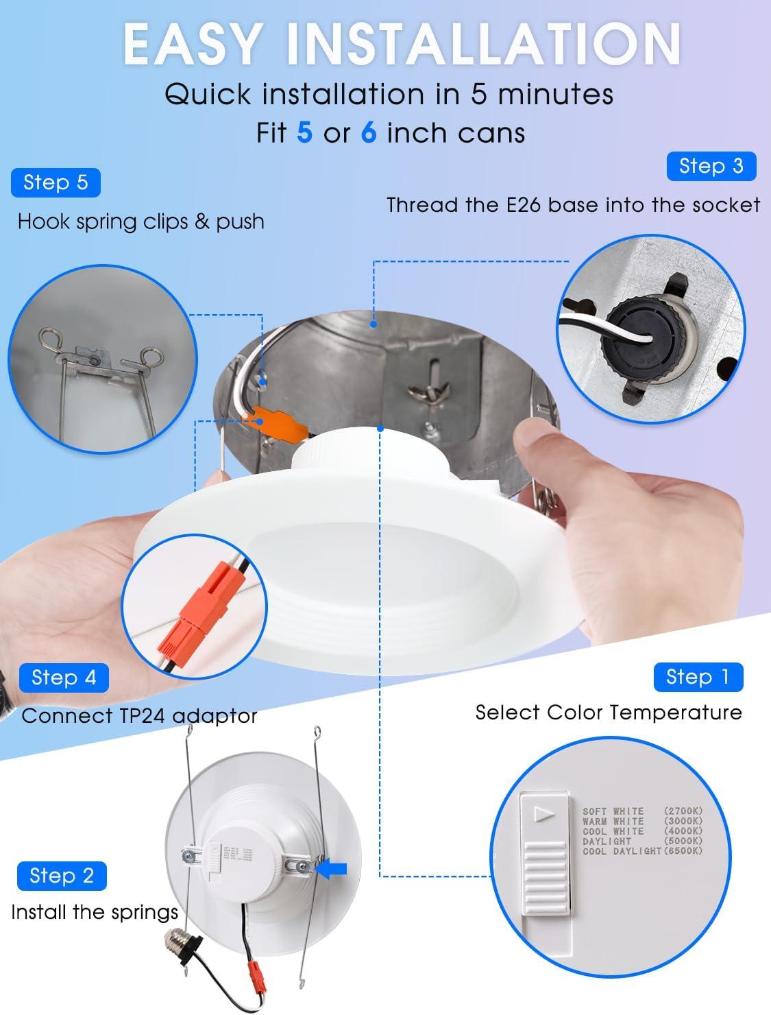 12 Pack 5/6 Inch 5CCT LED Recessed Lighting Retrofit, 2700K/3000K/4000K/5000K/6500K Selectable, Dimmable Can Lights with Baffle Trim, 12W=150W, High Brightness 1000LM, IC& Wet Rated, ETL&FCC Certified