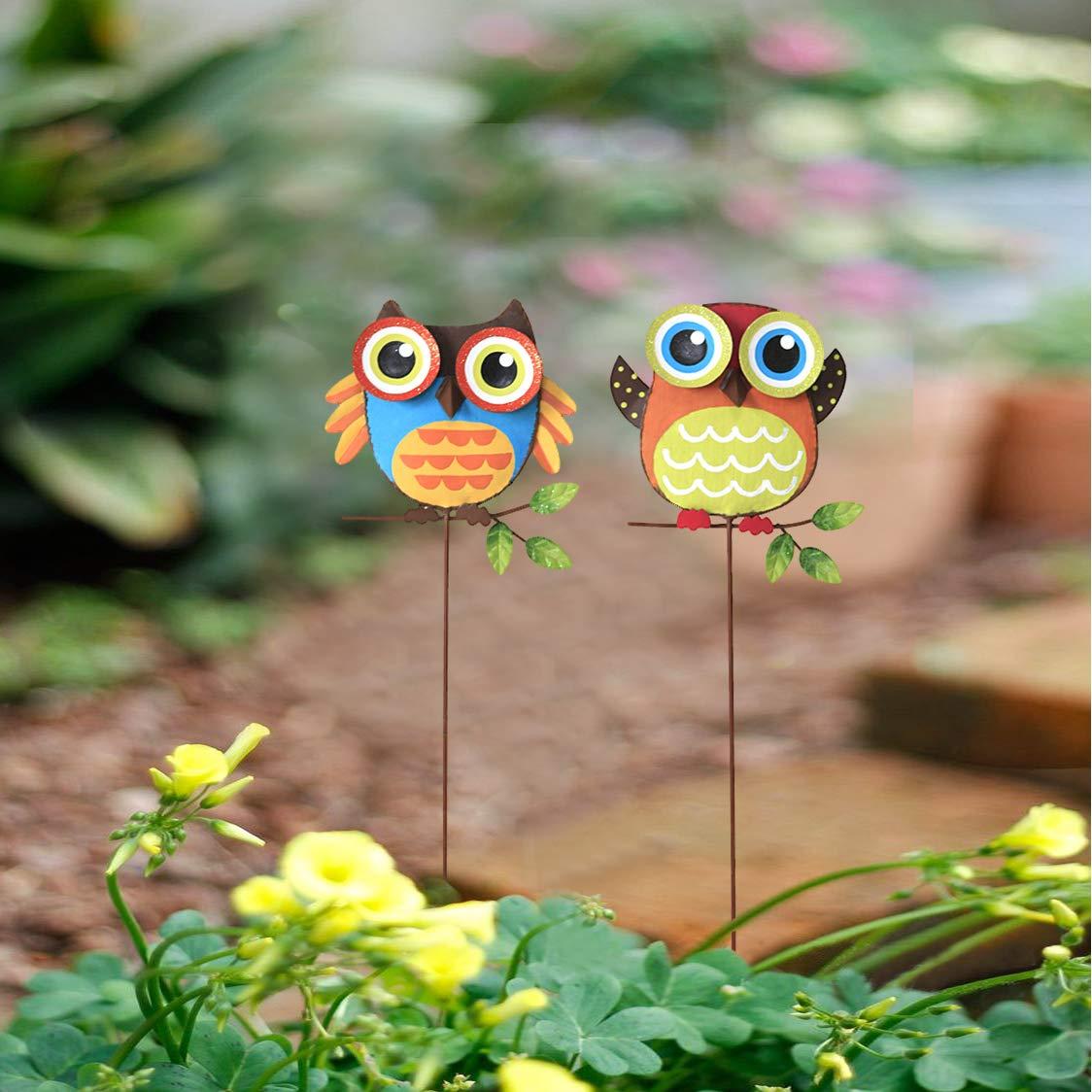 Attraction Design Metal Owl Garden Stake Set of 2, Indoor Outdoor Owl Decor for Patio Lawn Ornament Garden Yard Art Flower Bed Decoration Owl Figurine and Sculpture 16Inch