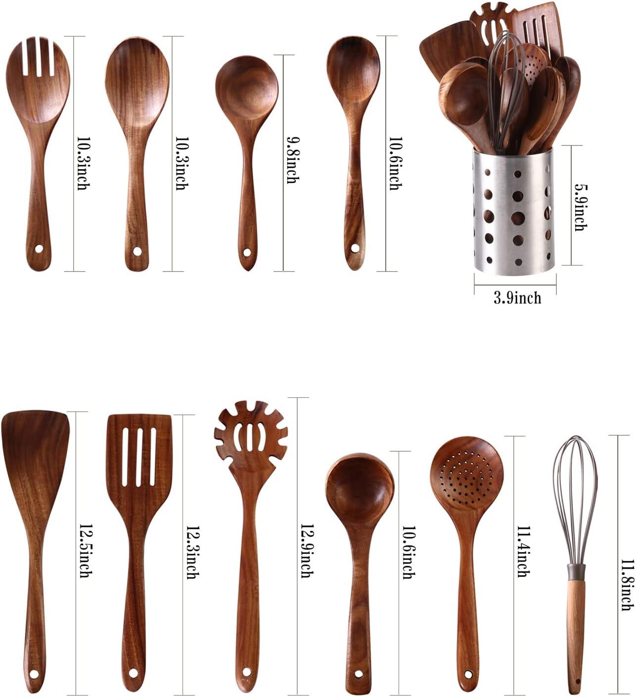 11-Piece Teak Wooden Kitchen Utensil Set with Stainless Steel Holder