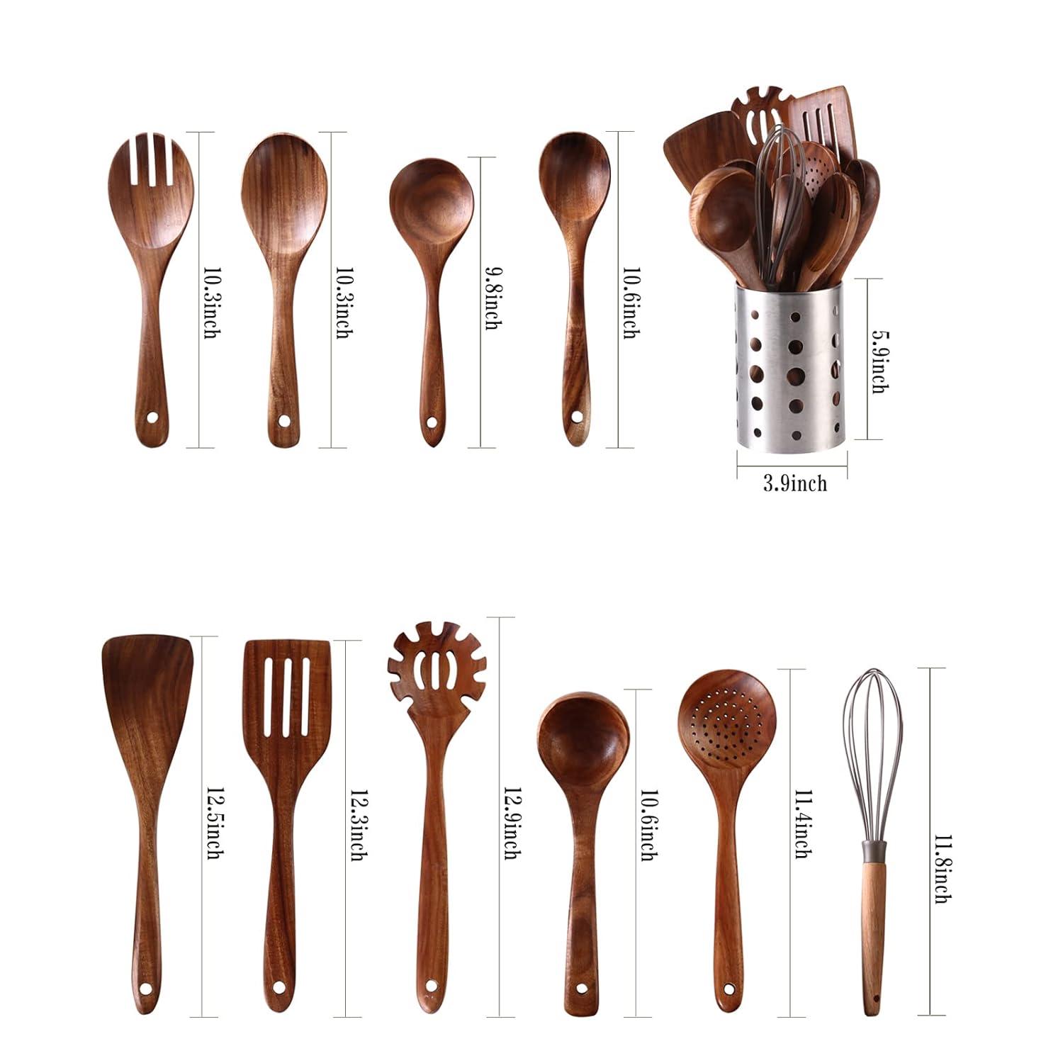 Wooden Kitchen Utensils set With Utensil Holder KOSMIKO 11 PCS Teak Wooden Cooking Spoons and Spatula for Cooking including Spoon Ladle Fork.
