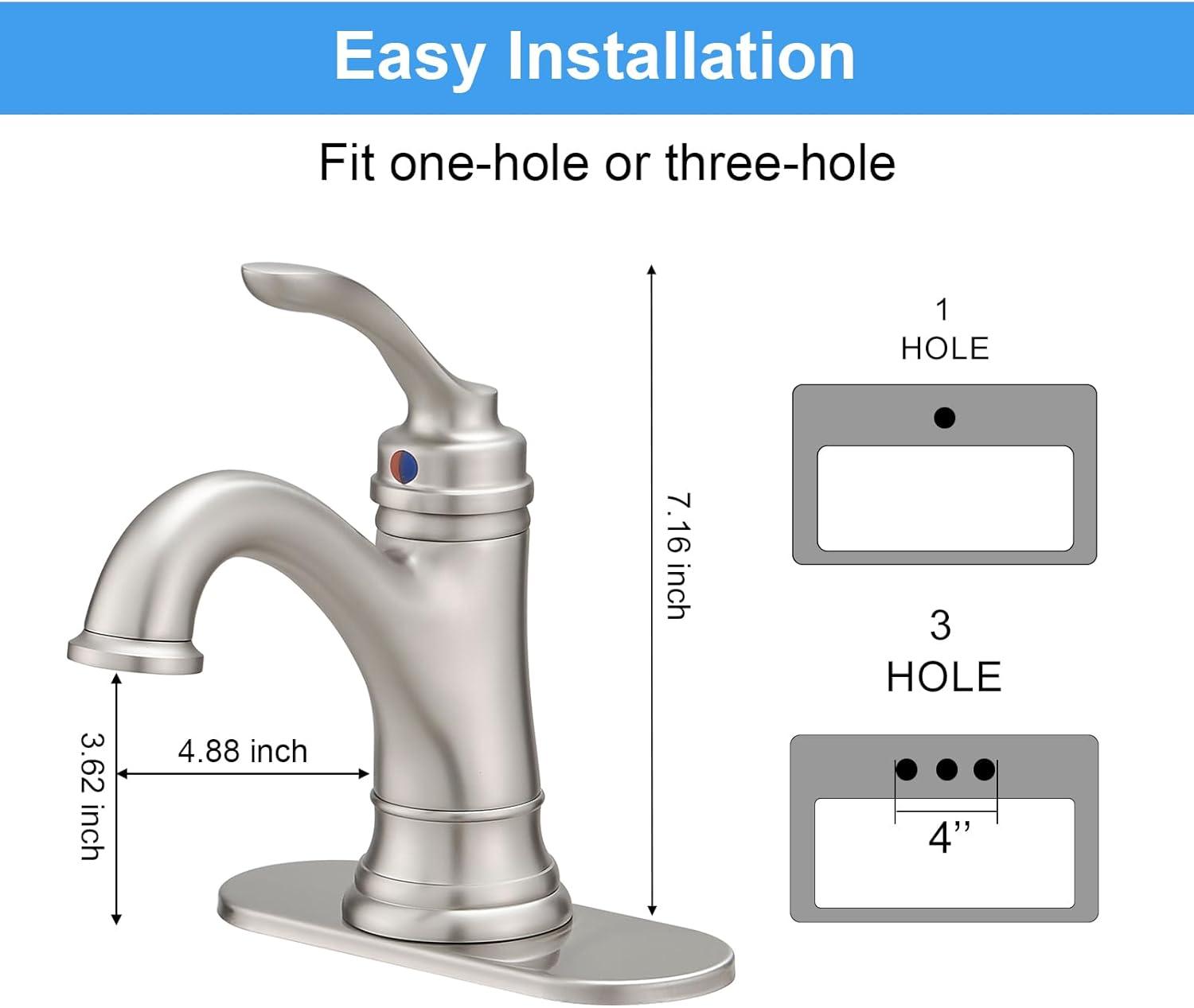 BWE Brushed Nickel Bathroom Faucet 1 Hole Single Handle Bathroom Sink Faucet with Brass Pop Up Drain and Supply Line High Arc Bath Vanity Faucet for Lavatory Mix Tap
