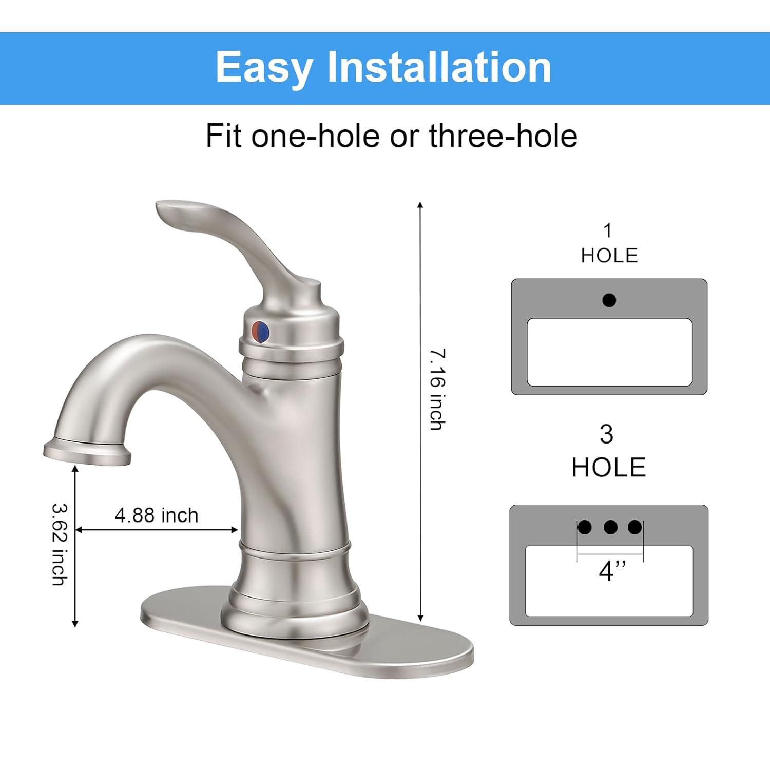 BWE Brushed Nickel Bathroom Faucet 1 Hole Single Handle Bathroom Sink Faucet with Brass Pop Up Drain and Supply Line High Arc Bath Vanity Faucet for Lavatory Mix Tap